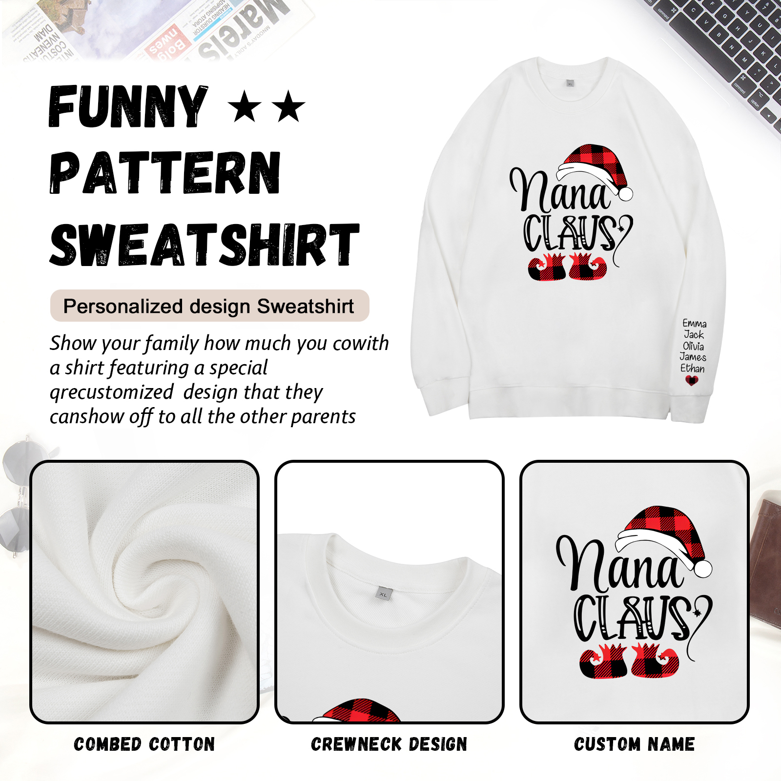 5 Names - Personalised Christmas Sweatshirt Custom Name & Text Sweatshirt Nana Claus Sweatshirt Gift for Family -Jessemade AU