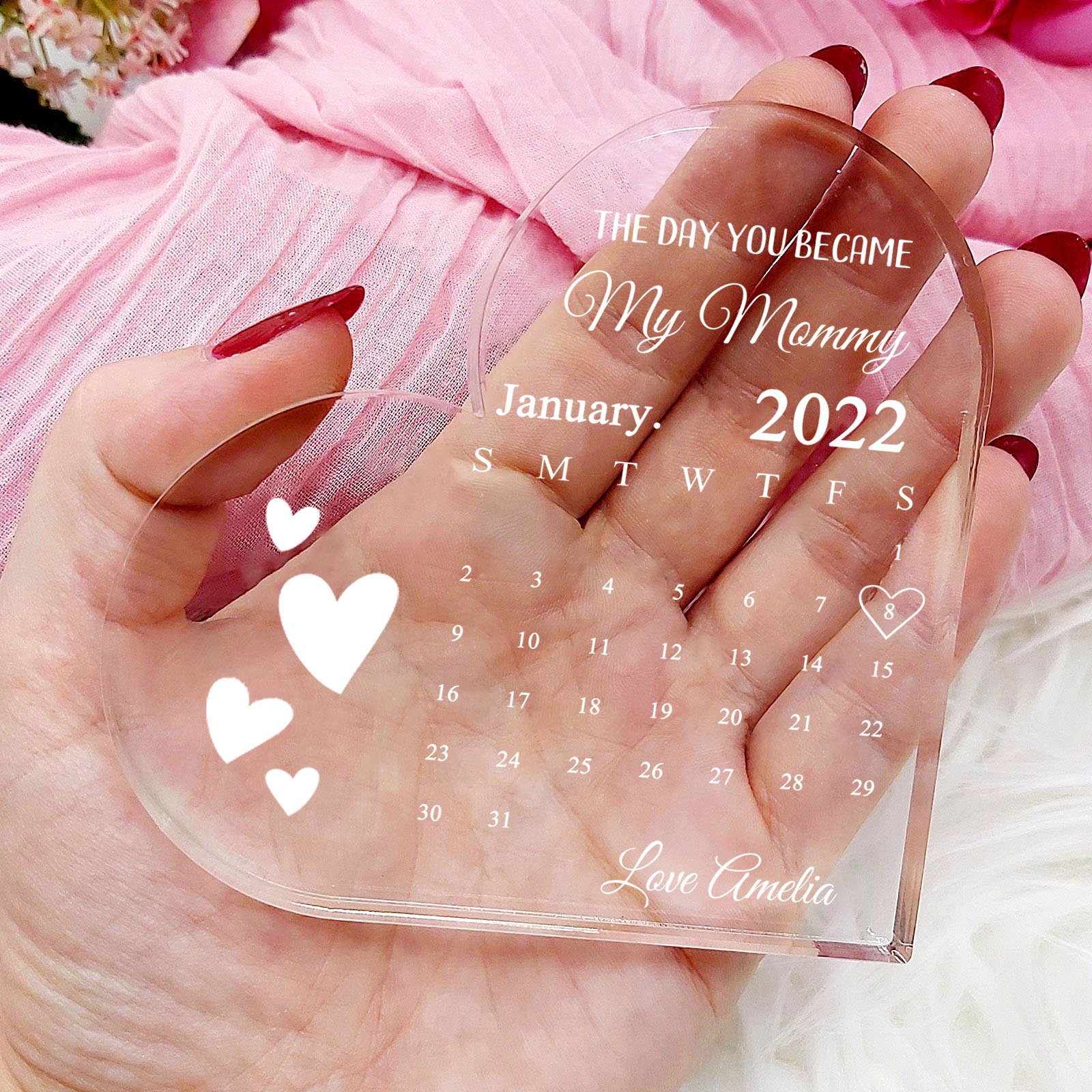 Personalised Acrylic Heart Keepsake Custom Date & Text Calendar Ornaments Gifts for Her - The Day You Became My Mommy/Mummy-Jessemade AU