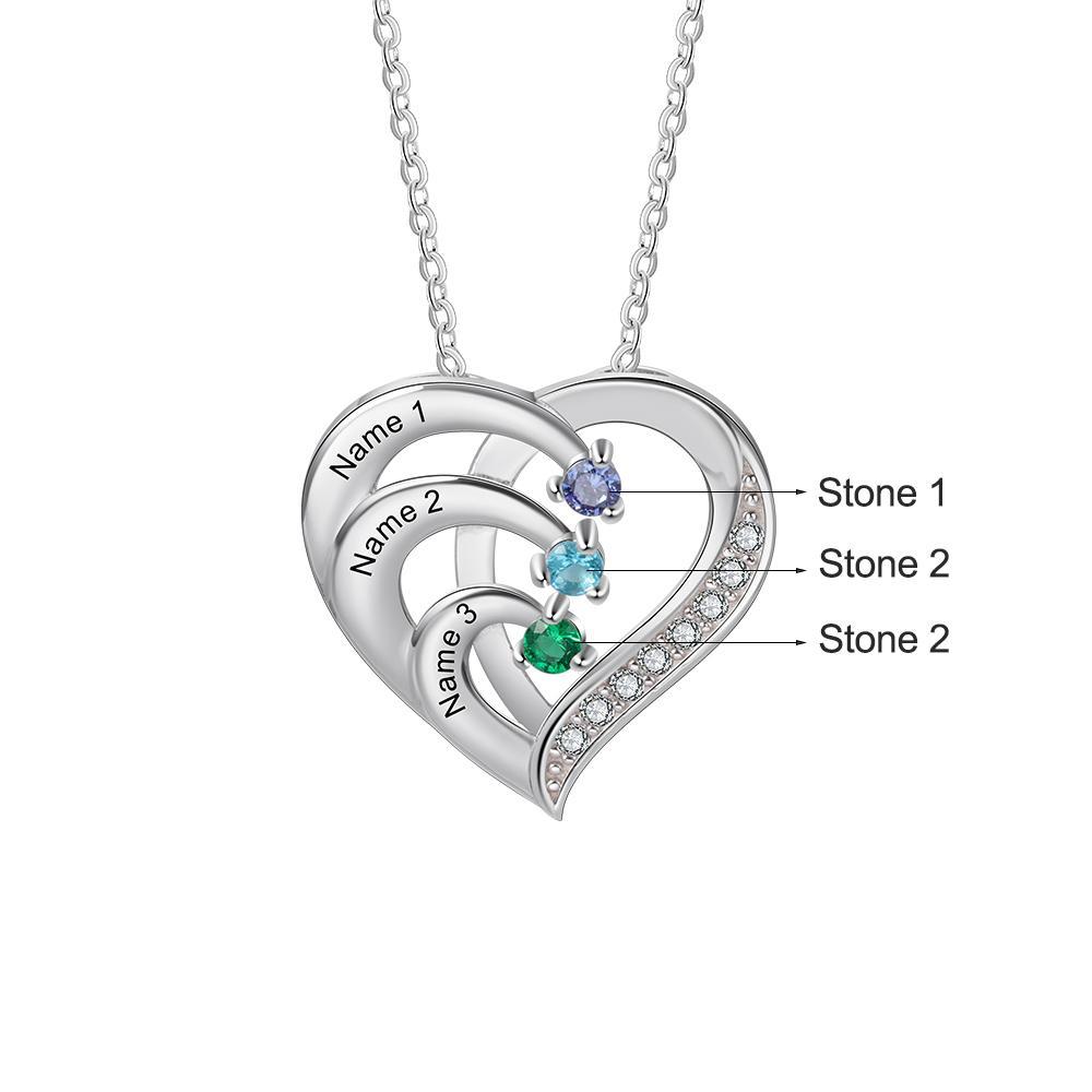 Personalised Mother Necklace Engraved 3 Names 3 Birthstone Intertwined Heart Pendant