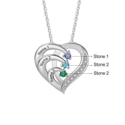 Personalised Mother Necklace Engraved 3 Names 3 Birthstone Intertwined Heart Pendant
