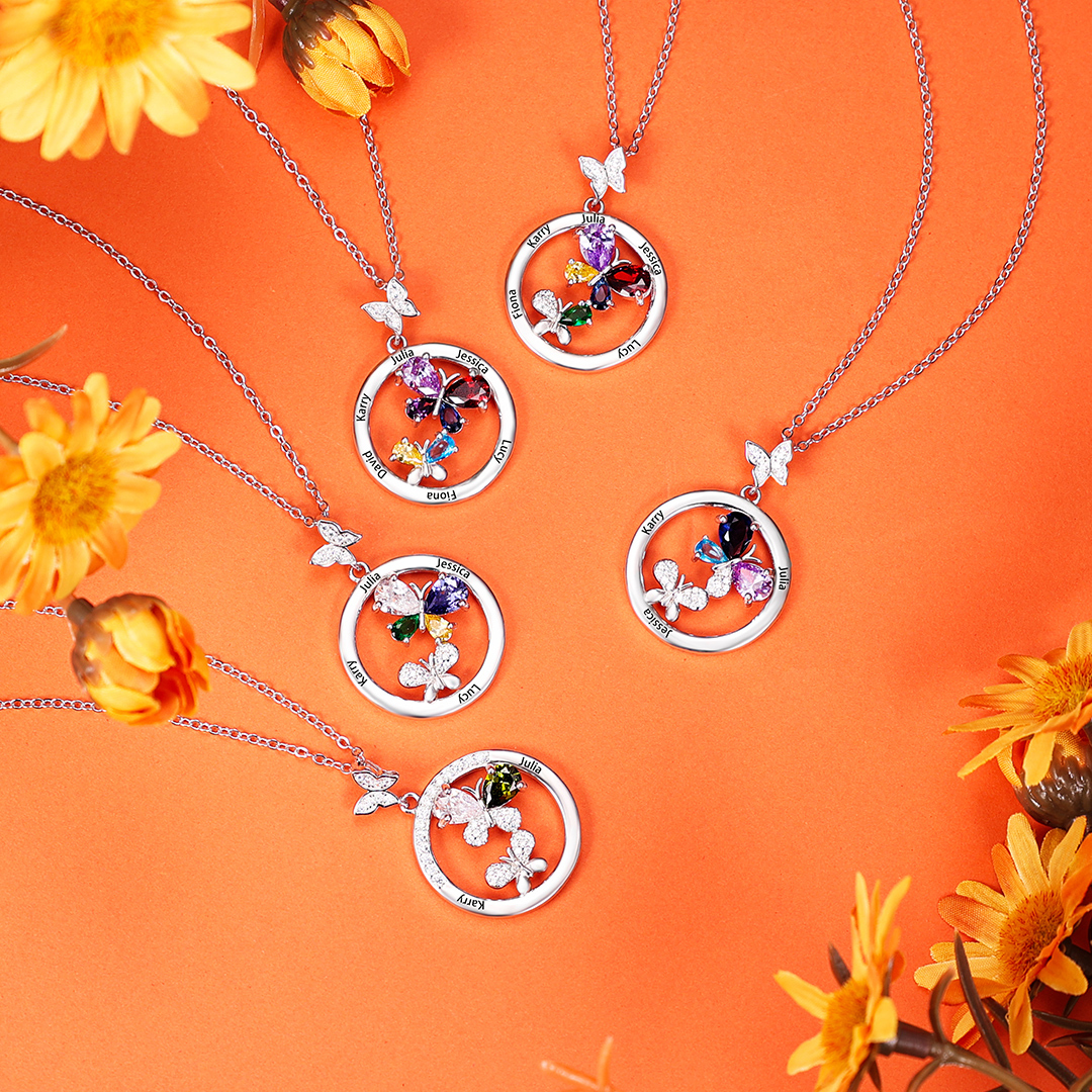 Personalised Butterfly Necklace With 4 Birthstones Custom Names Best Gift For Her-Jessemade AU