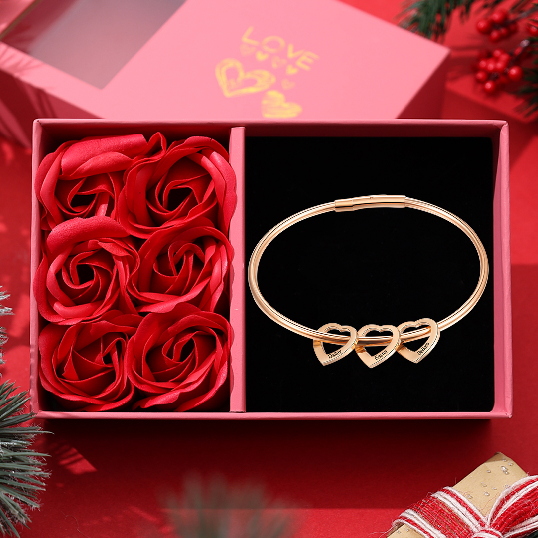 Personalised Love Bracelet with 3 Heart Charms Engraved 3 Names Bangle Bracelet Rose for Her