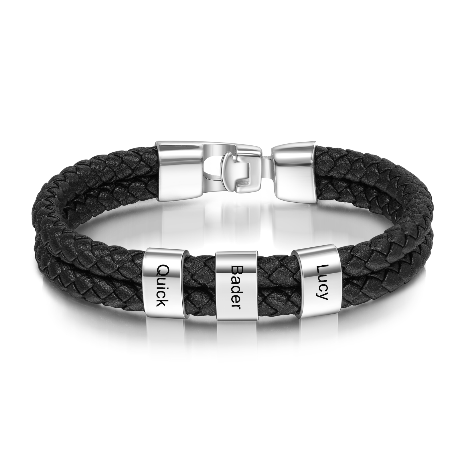 Personalised Braided Leather Bracelet Engraved 3 Names Men's Bracelet for Him