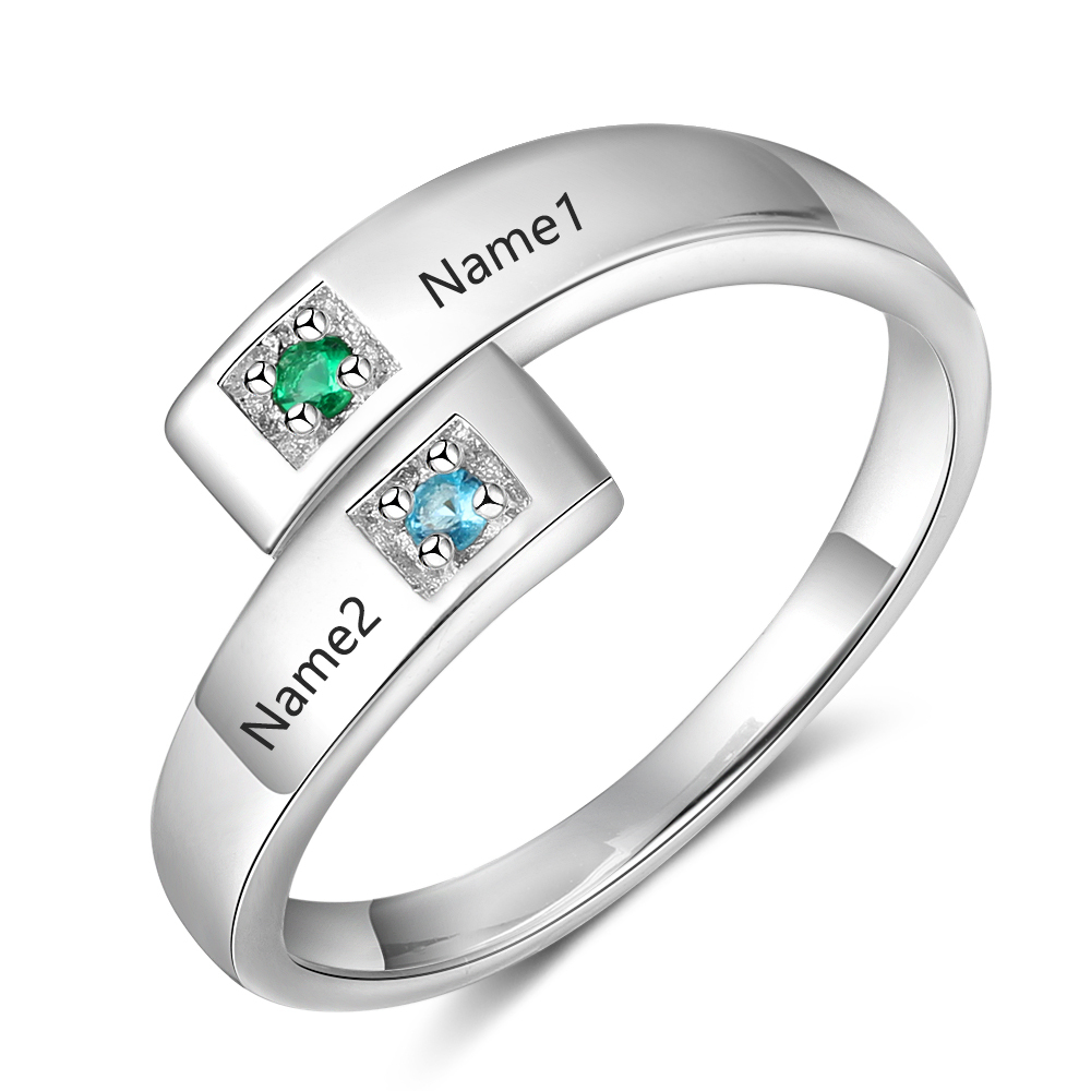 Personalised Ring With 2 Birthstones Engraved Names Ring Gift For Women-Jessemade AU