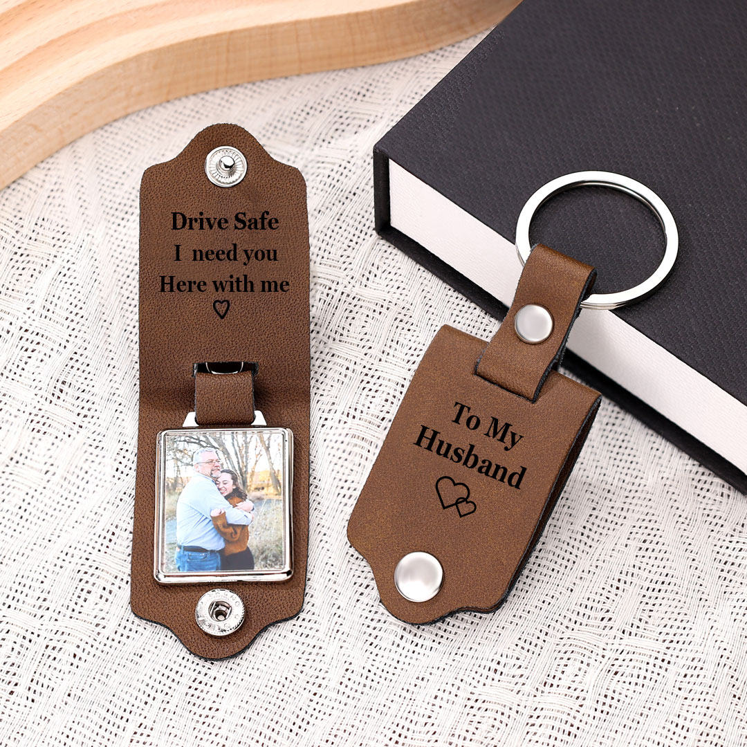 Personalised Photo Keychain Custom Text Leather Keyring Valentine's Day Gift