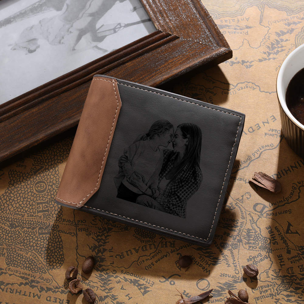 Personalised Leather Wallet Engraved Photo Short Purse Gifts For Men
