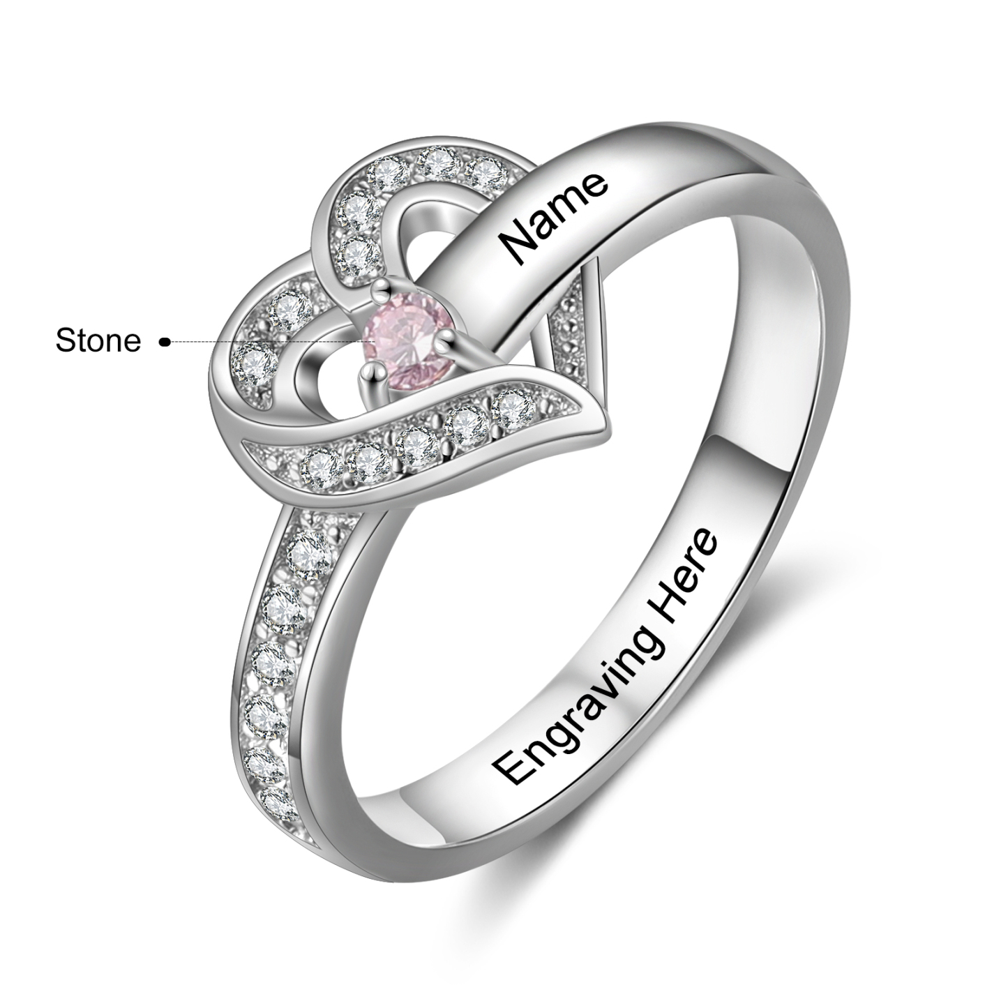 Personalised Heart Ring With 1 Birthstone Engraved Names Ring Gift For Women-Jessemade AU
