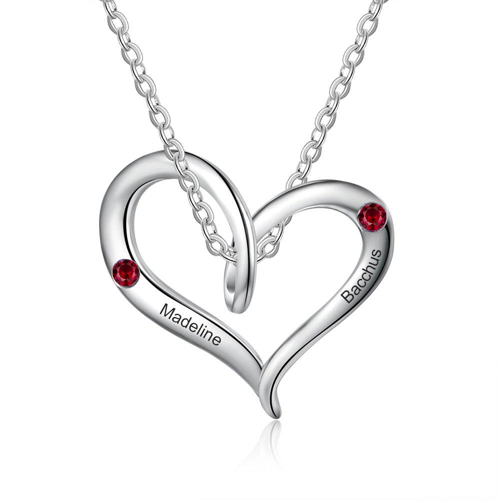 Personalised Heart Necklace With 1 Birthstone Engraved Names Gift For Her-Jessemade AU