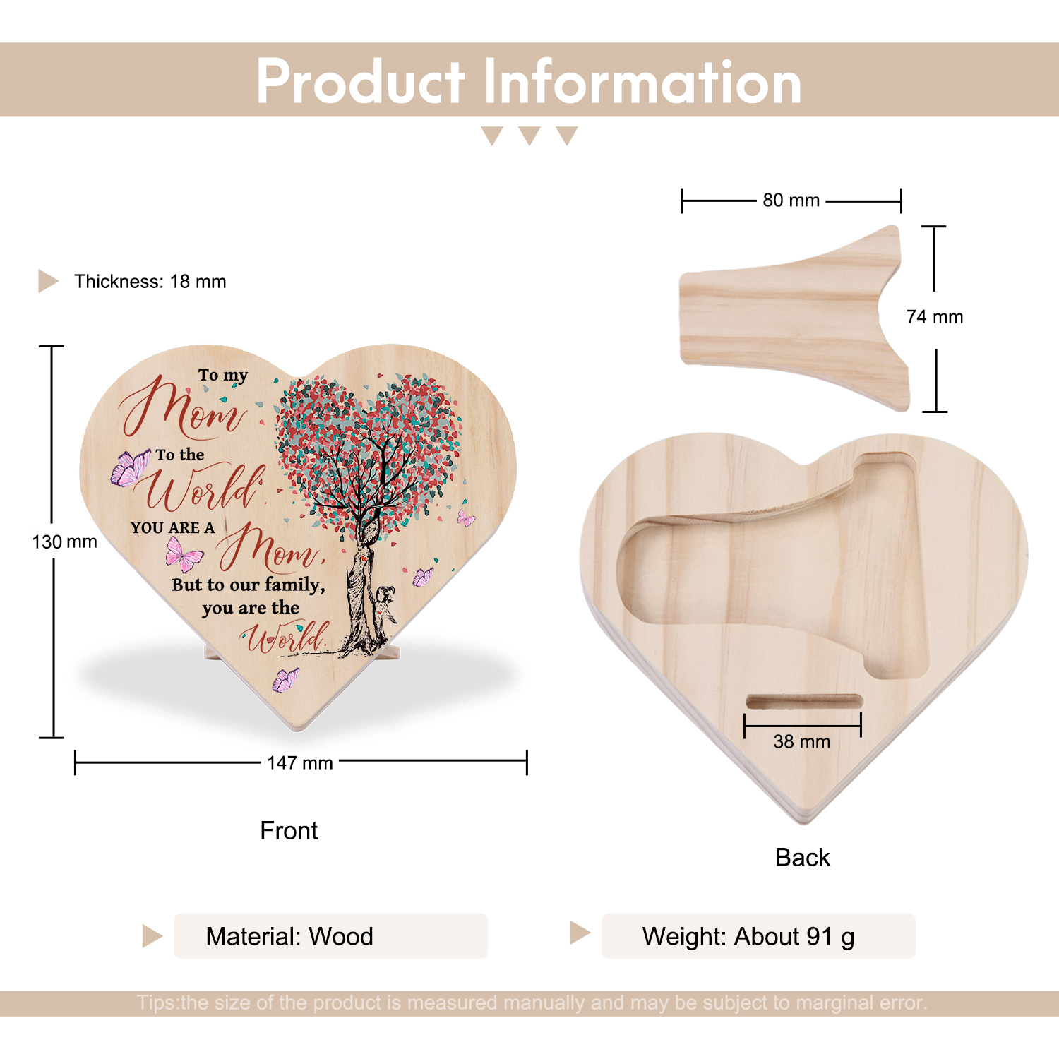 To My Mom Wooden Flowers Heart Keepsake Desktop Ornament -To our family, You are the world-Jessemade AU
