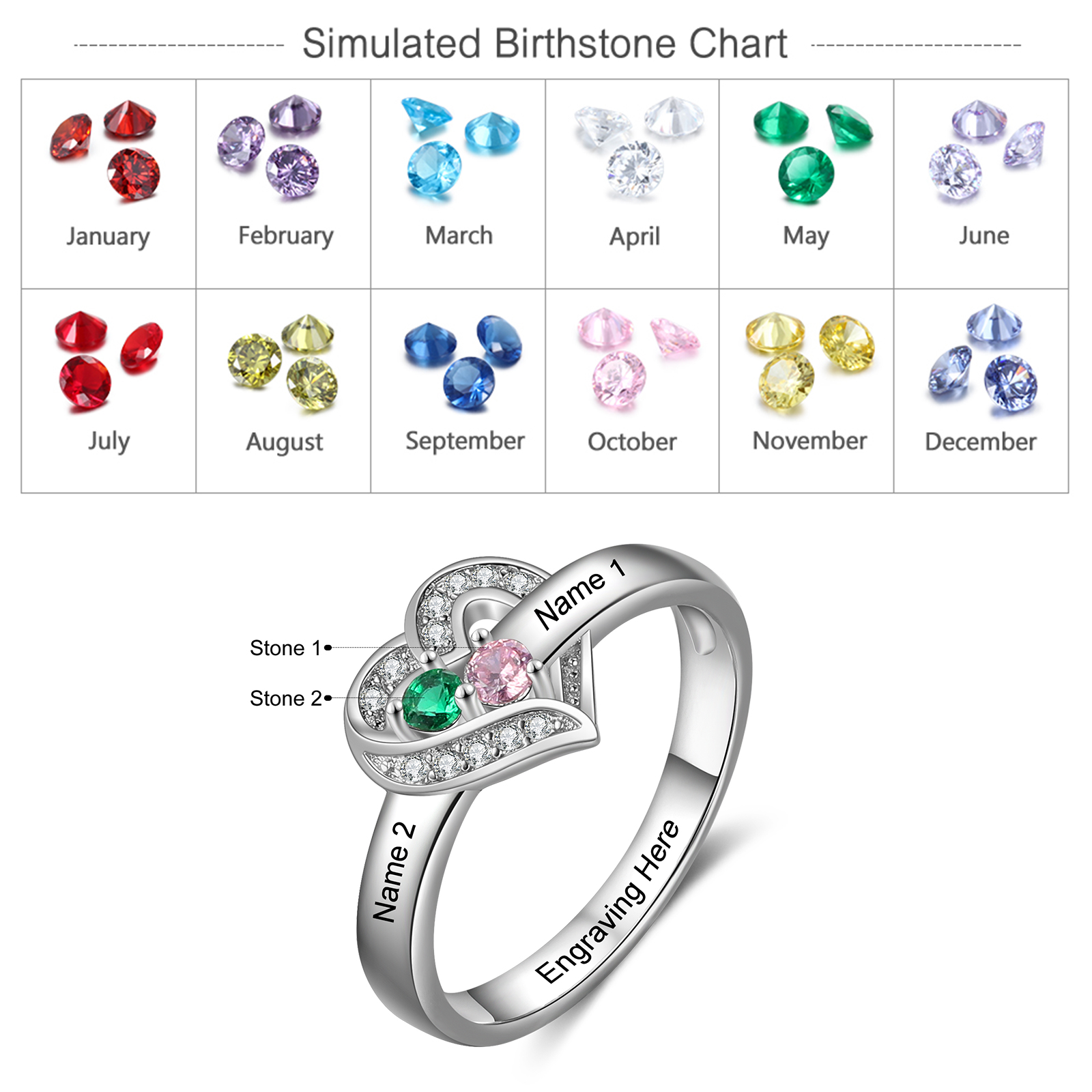Personalised Heart Ring With 2 Birthstones Engraved Names Ring Gift For Women-Jessemade AU