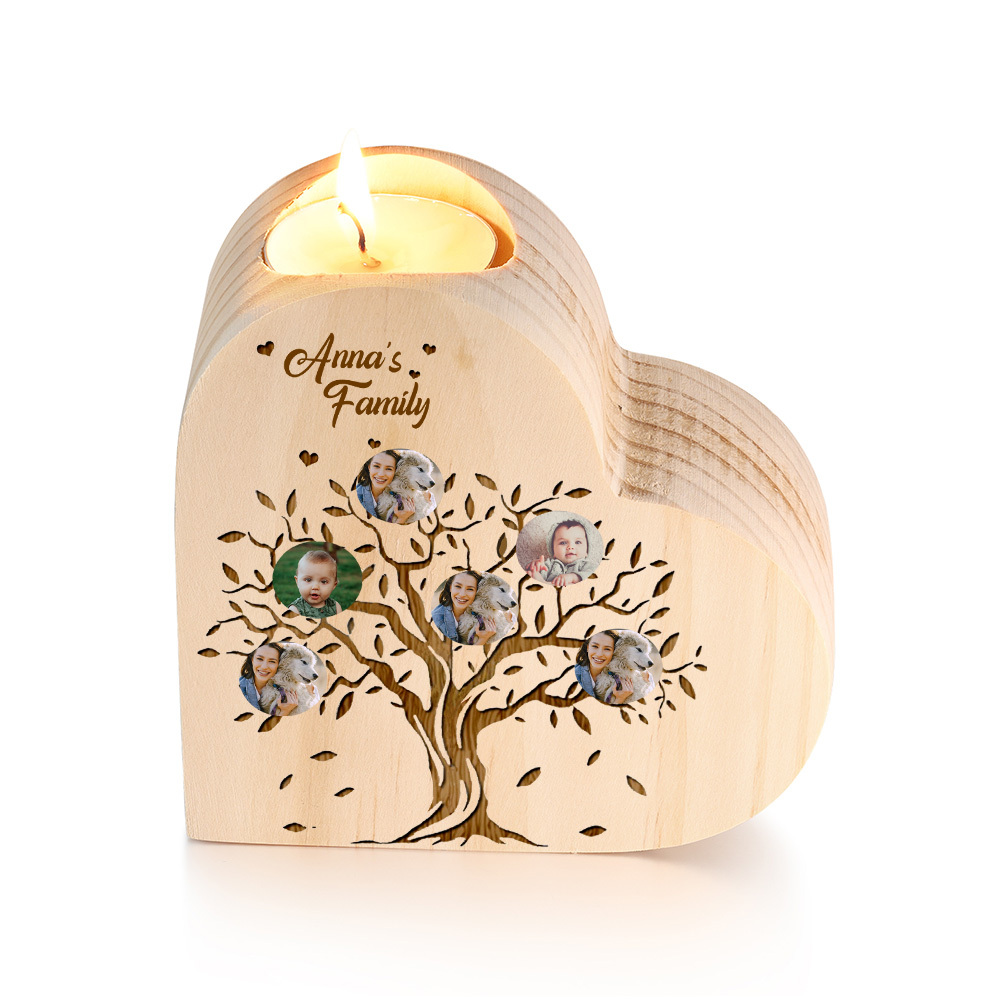 Family Photo Wooden Heart Candle Holder Custom 6 Photos Family Tree Candlesticks-Jessemade AU