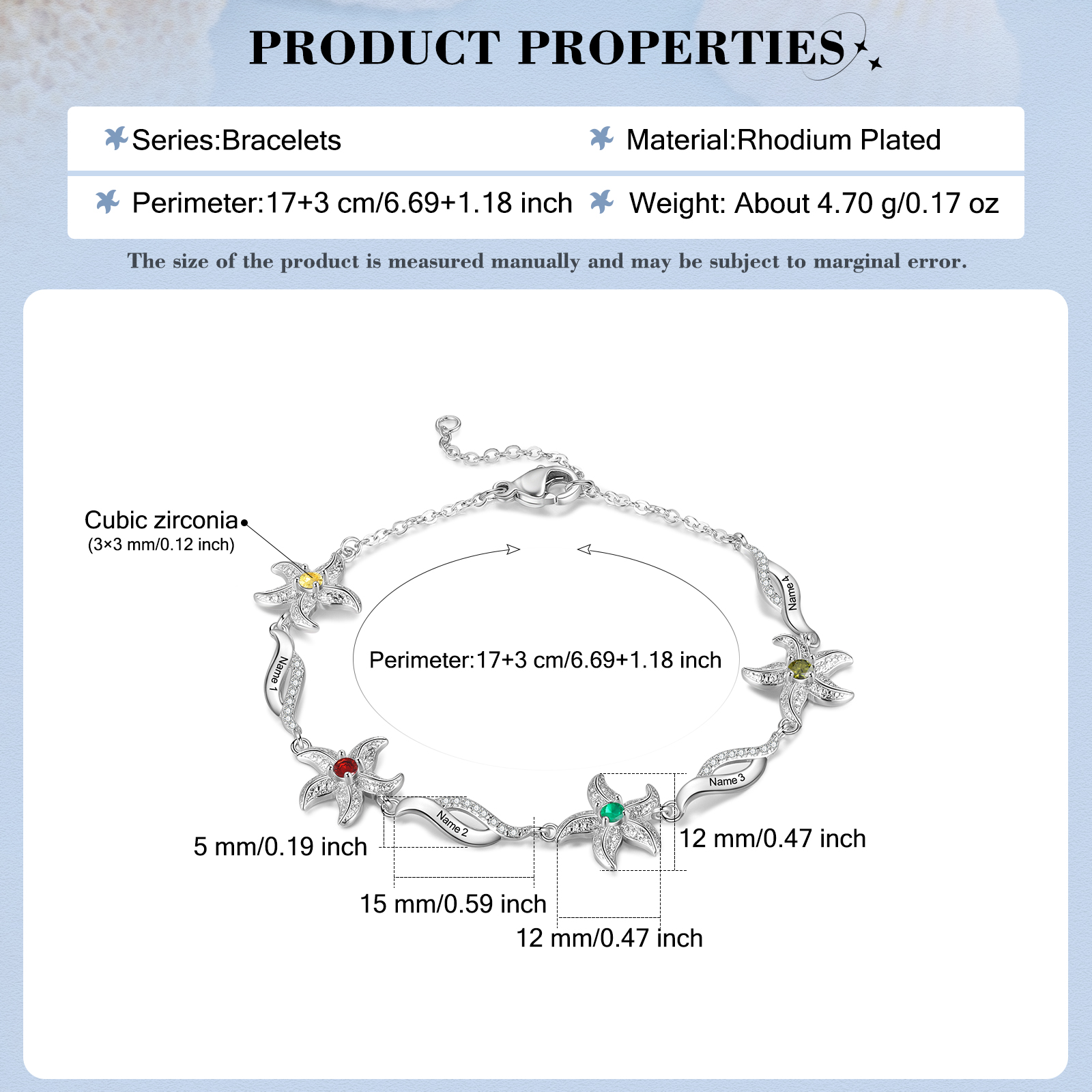Personalised Women's Bracelet Custom 4 Birthstones Bracelet Starfish Adjustable Bracelet Mother's Day Gift for Her-Jessemade AU