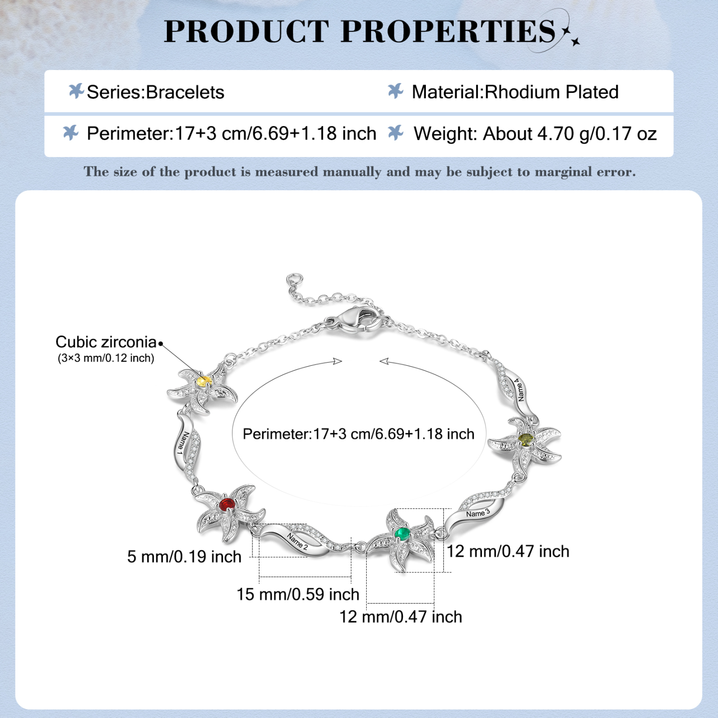 Personalised Women's Bracelet Custom 4 Birthstones Bracelet Starfish Adjustable Bracelet Mother's Day Gift for Her-Jessemade AU