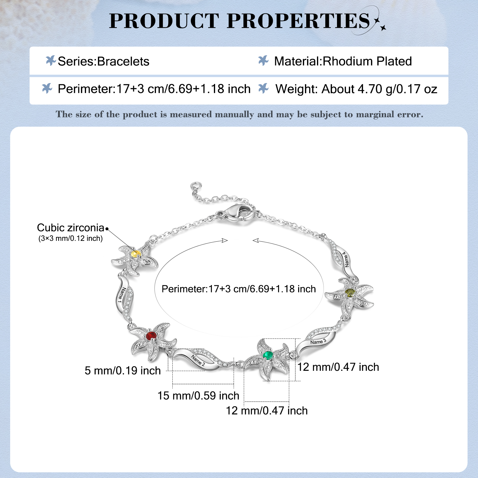 Personalised Women's Bracelet Custom 4 Birthstones Bracelet Starfish Adjustable Bracelet Mother's Day Gift for Her-Jessemade AU