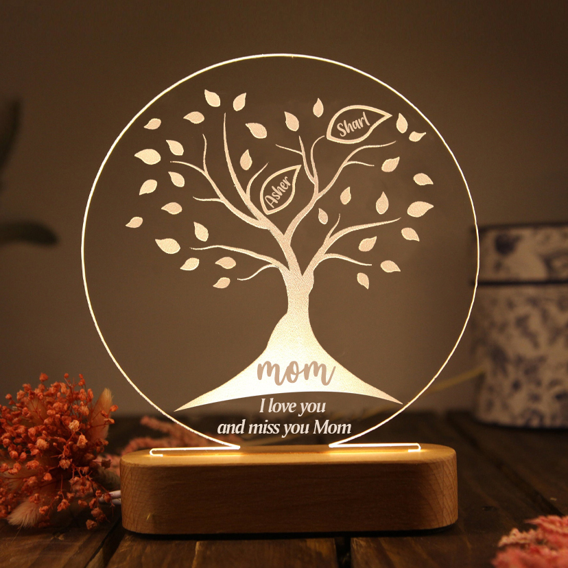 Personalised Family Tree Night Light Engraved 2 Names Wooden LED Lamp-Jessemade AU