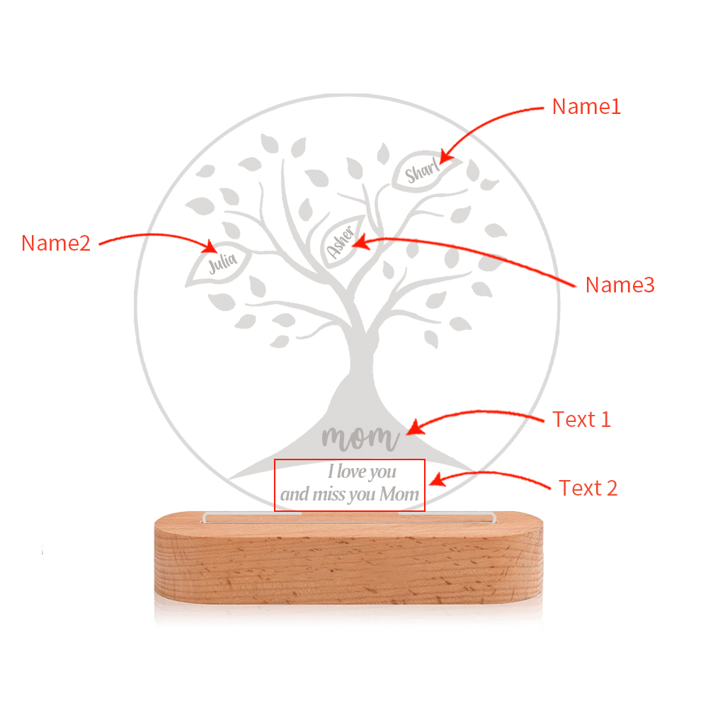 Personalised Family Tree Night Light Engraved 3 Names Wooden LED Lamp-Jessemade AU