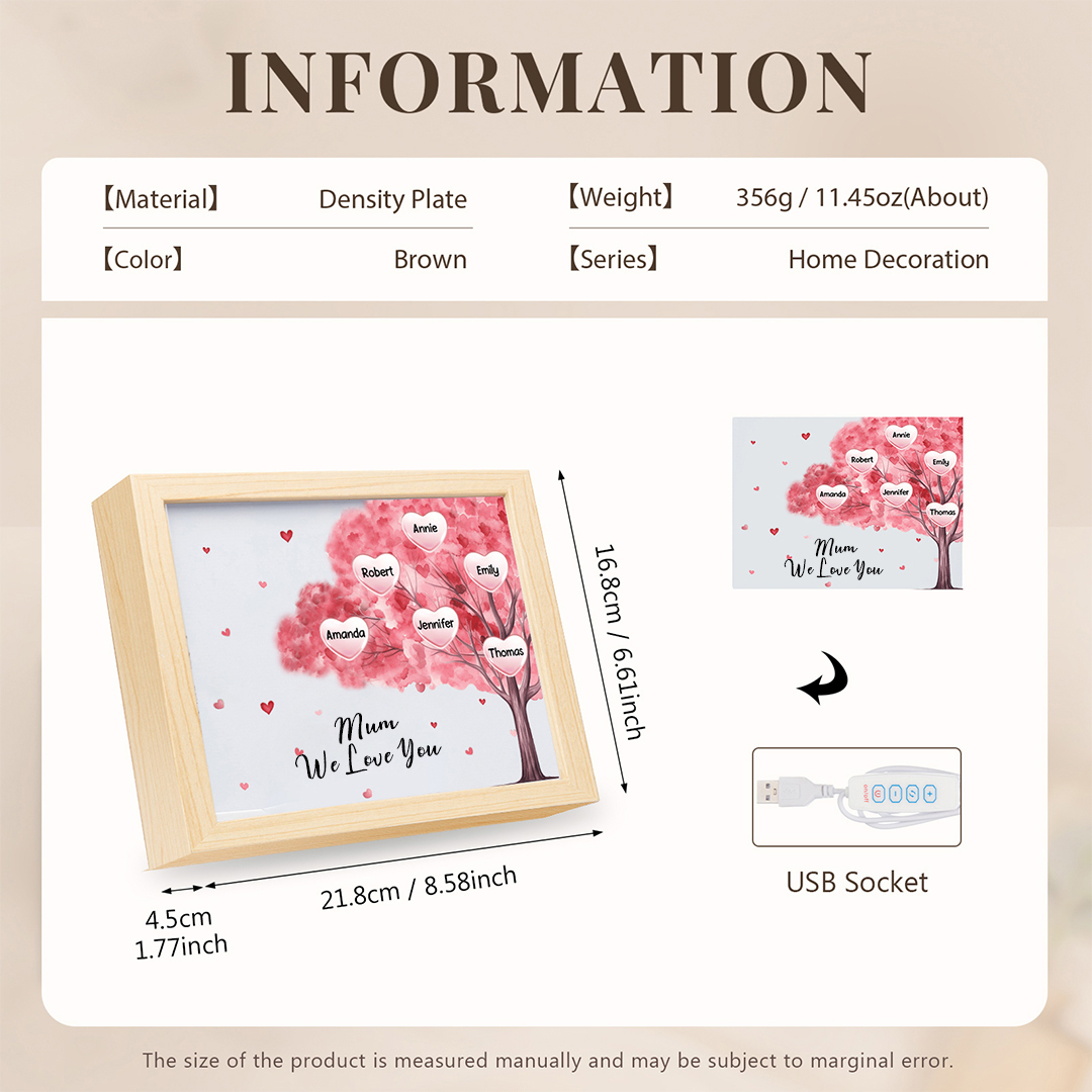 Personalised Frame Night Light Custom 1 Text & 6 Names Pink Family Tree Ornament Gifts for Mother/Grandma-Jessemade AU