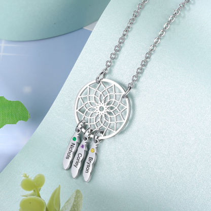 Personalised Dream Catcher Necklace With 3 Birthstones Engraved Names Gift For Women-Jessemade AU