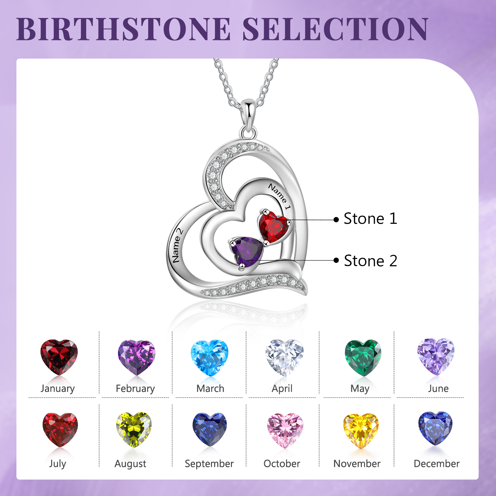 Personalised 2 Names & 2 Birthstones Necklace Custom Heart Pendant Women's Necklace Gifts for Her-Jessemade AU
