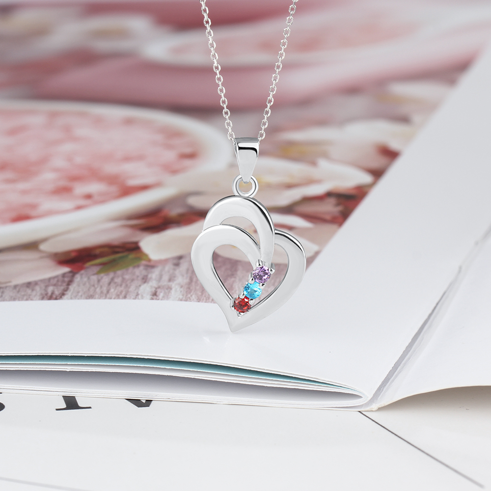 Personalised Heart Necklace With 3 Birthstones Engraved Names Gift For Her-Jessemade AU
