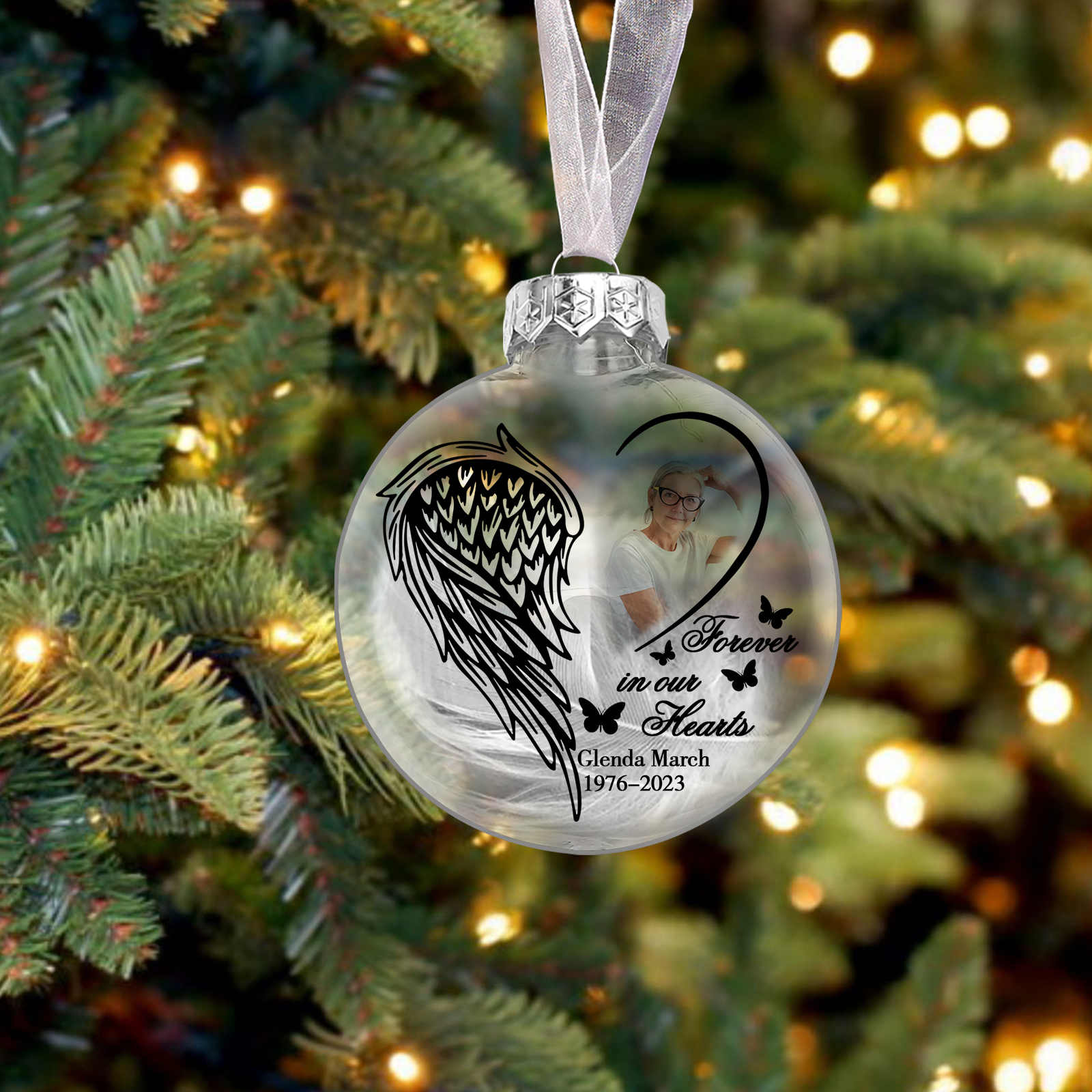 Memorial Ball Feather Ornaments Custom Name & Date & Photo Christmas Ornament Commemorate Deceased Loved Ones - Forever In Our Hearts-Jessemade AU