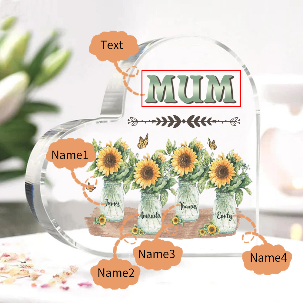 Personalised Acrylic Heart Keepsake Custom 4 Names & 1 Text Sunflower Vase Ornament Gifts for Mother/Grandma-Jessemade AU