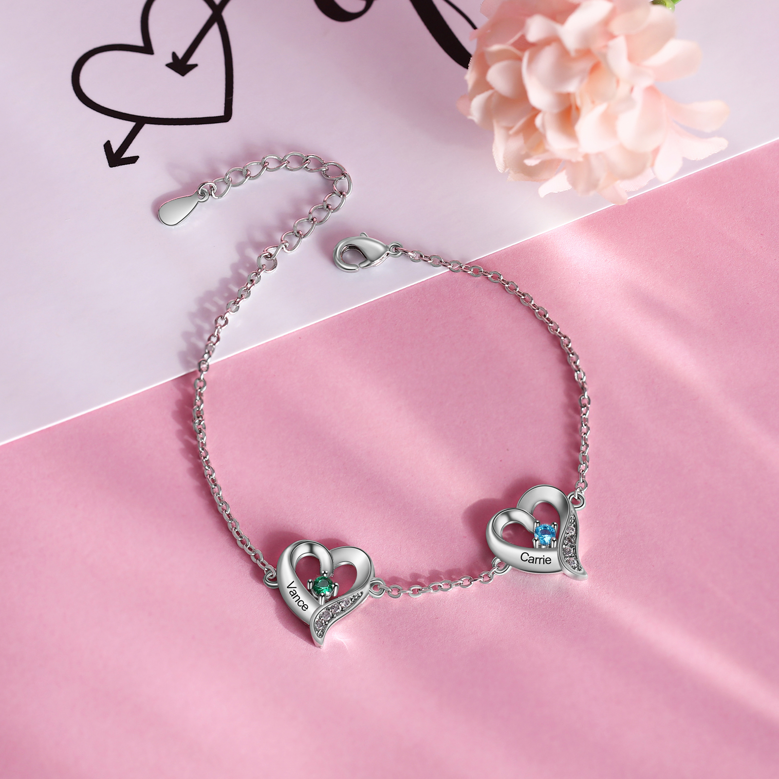 2 Names - Personalised Heart Bracelet Gift Set With Gift Box Custom Name & Birthstone Bracelet Gift For Her-Jessemade AU