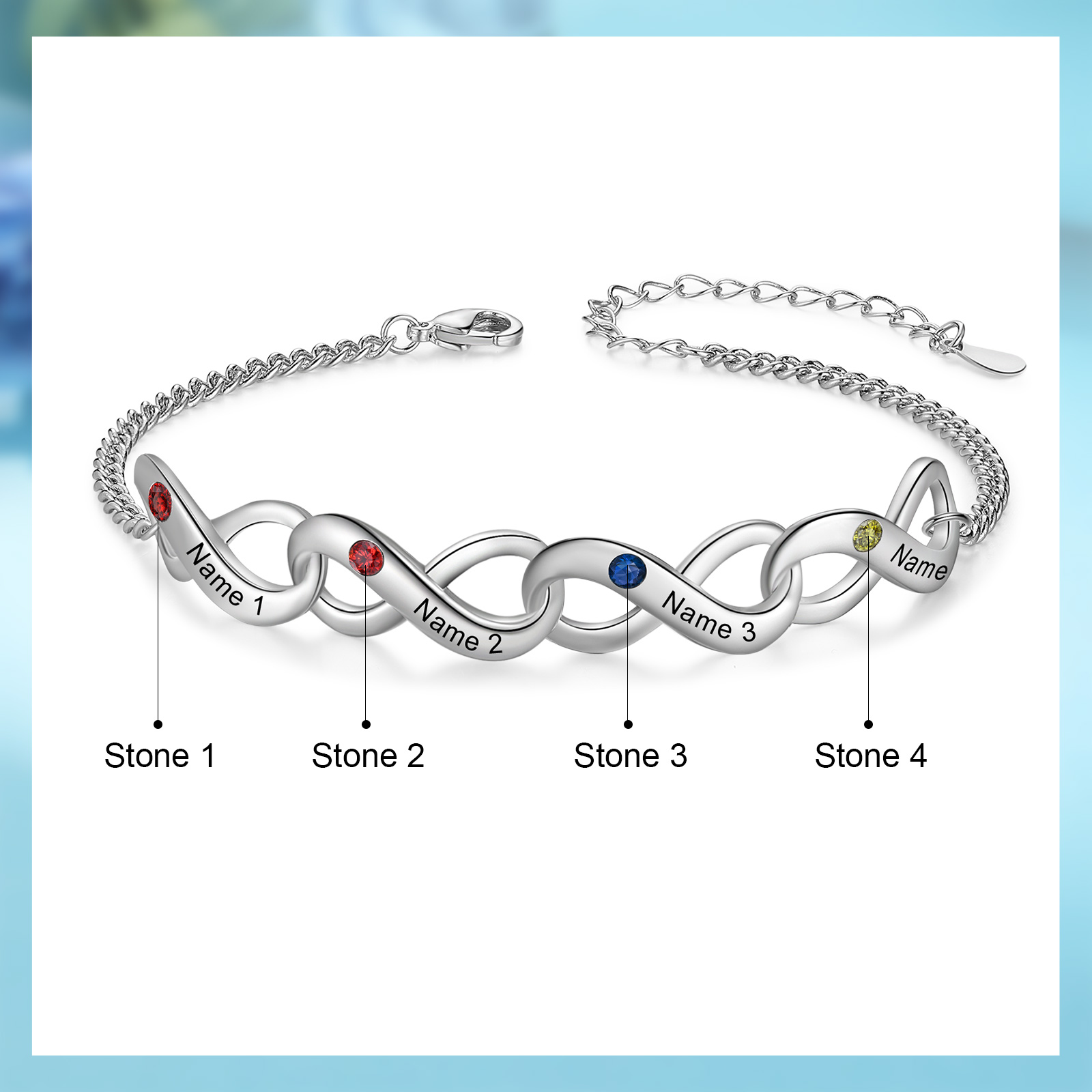 Personalised Infinity Bracelet Custom 4 Birthstones & 4 Names Bracelet Birthday Gift for Her-Jessemade AU