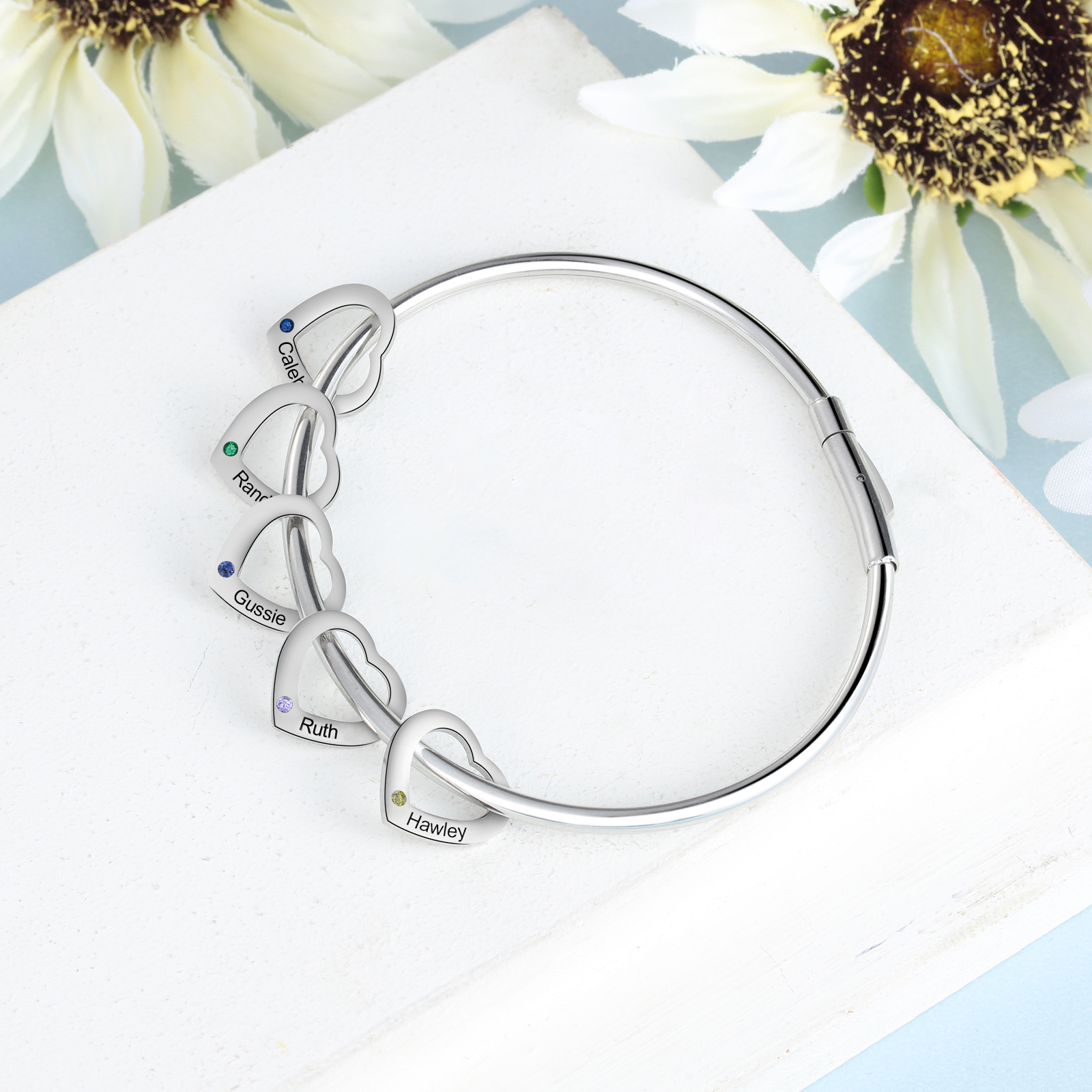 Personalised Heart Bracelet With 5 Birthstones Engraved Names Bracelet Gift For Women-Jessemade AU