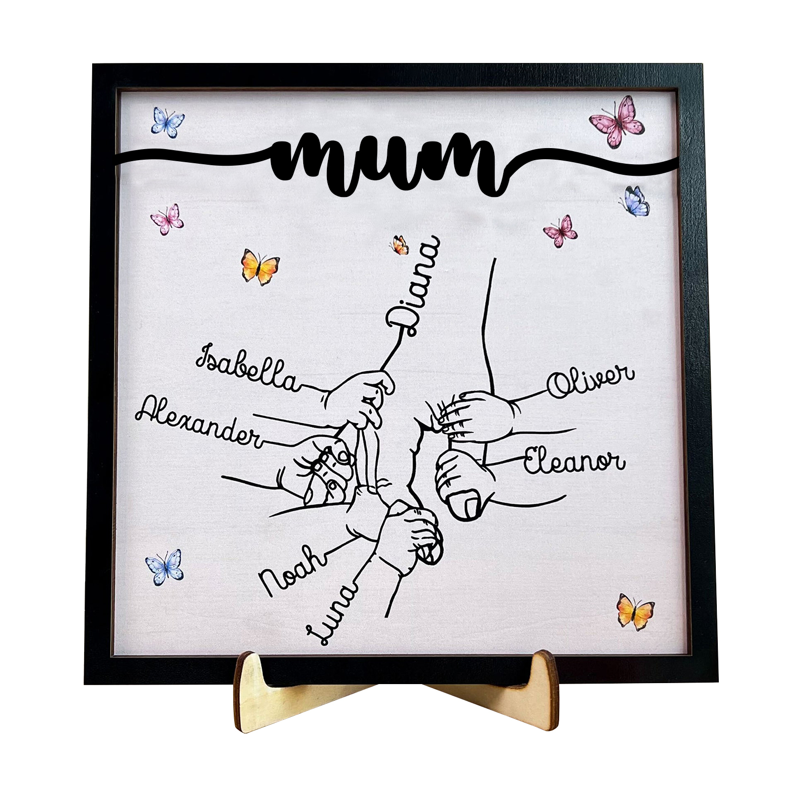 7 Names - Personalised Wooden Plaque Holding Mum's Hand Desktop Decorations Wooden Sign With Stand-Jessemade AU