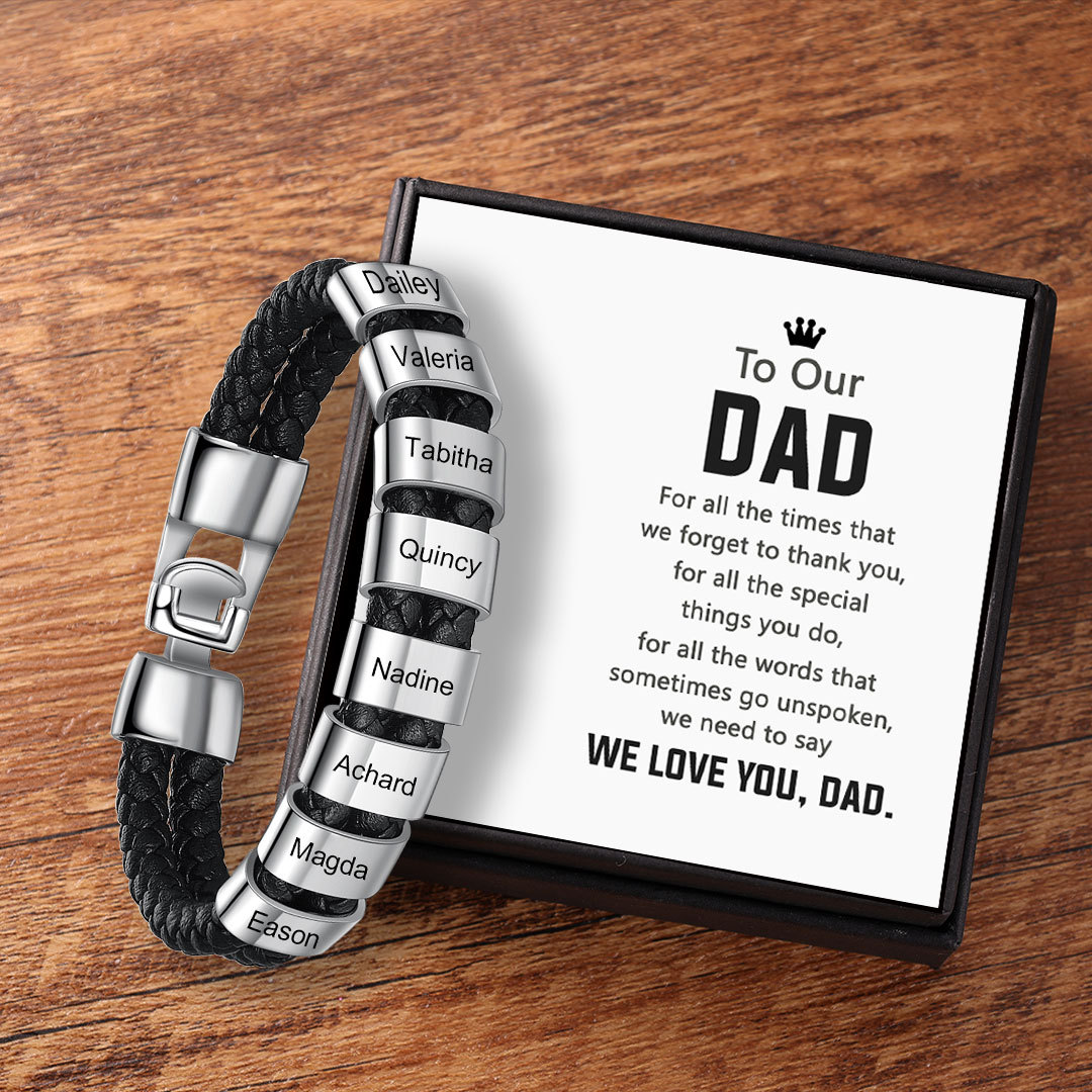Customised Braided Leather Bracelet Engraved 8 Names Men's Bracelet for Dad-Jessemade AU