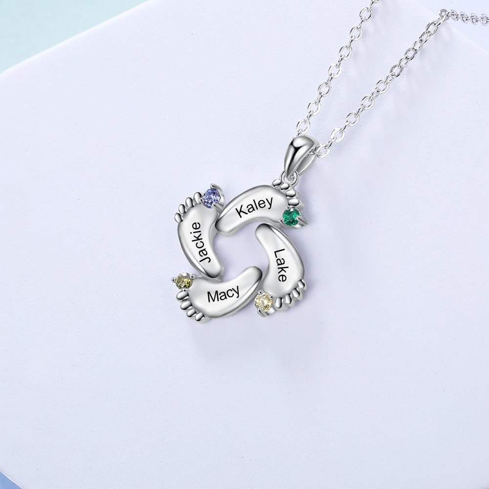 Personalised Baby Foot Necklace With 4 Birthstones Engraved Names Gift For Mother-Jessemade AU