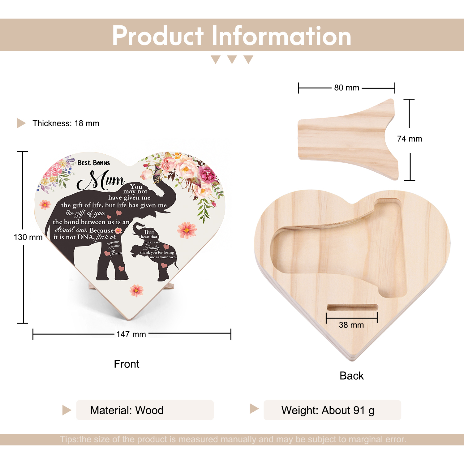 To My Best Bonus Mum Wooden Flowers Heart Keepsake Desktop Ornament "Thank You for Loving Me As Your Own"-Jessemade AU