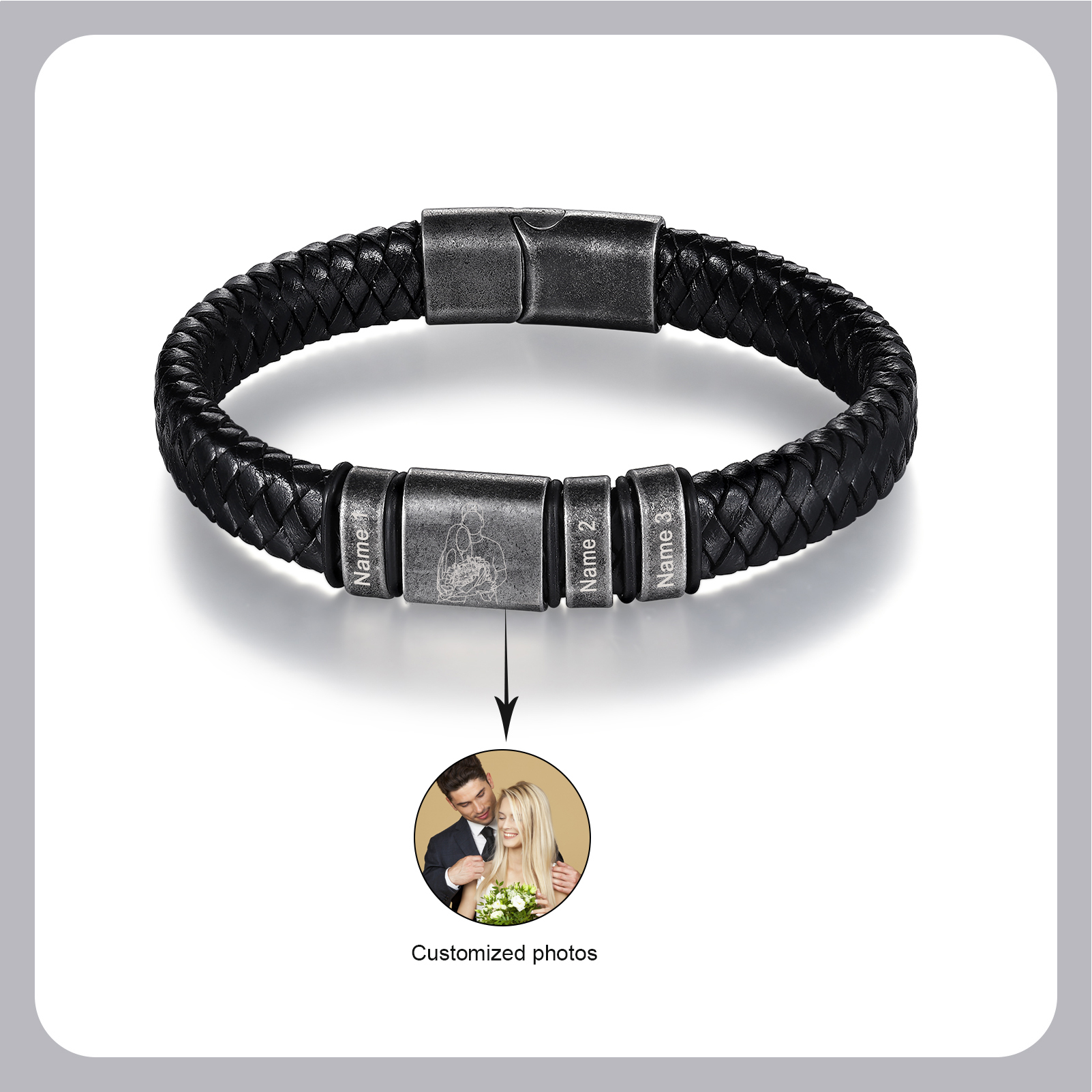 3 Names - Personalised Men's Leather Braided Bracelet Custom Name & Photo Bracelet Vintage Gift for Him-Jessemade AU