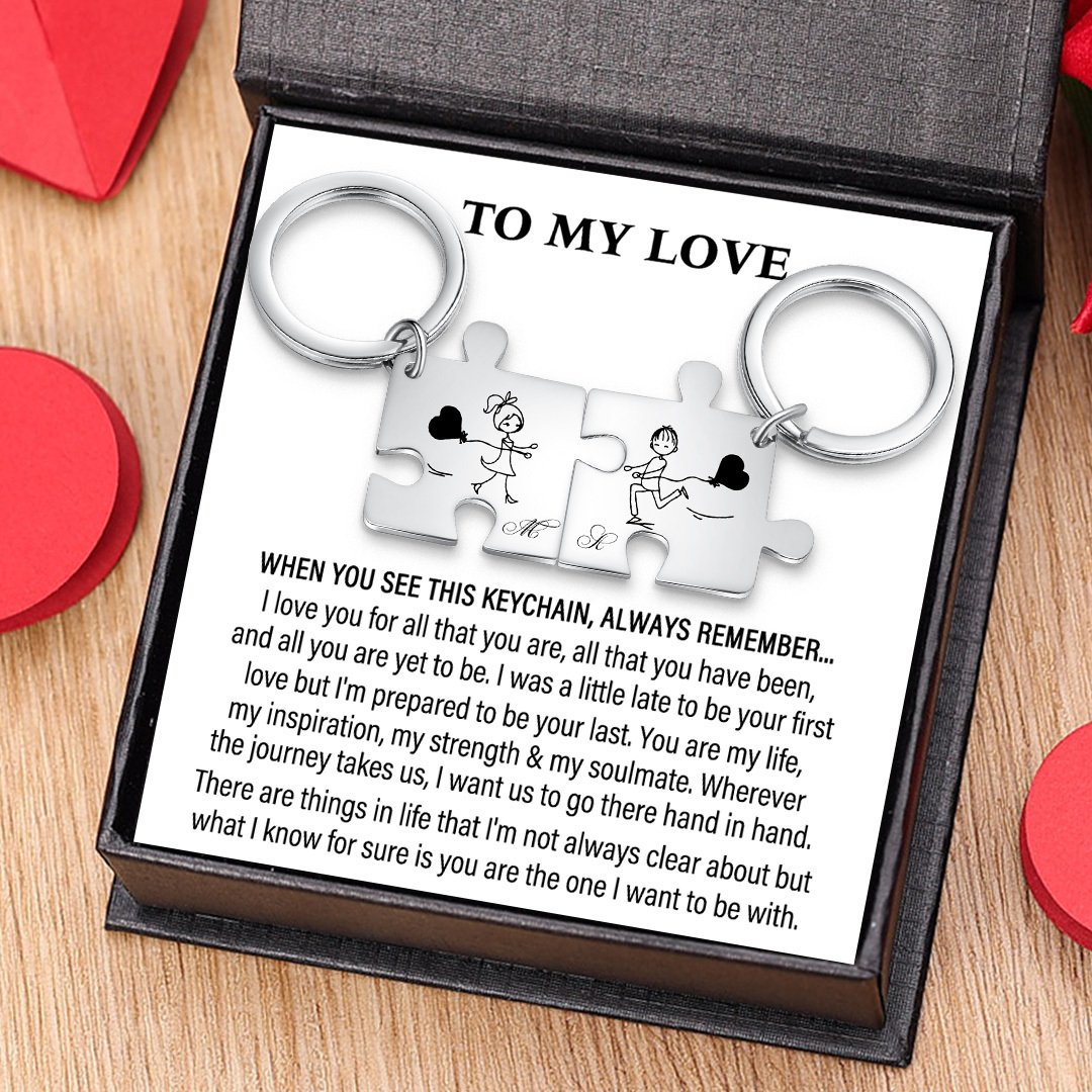 Personalised Puzzle Couple Keychain Set Customised 2 Letters Keyring Line Art Matching Couple Gifts-Jessemade AU