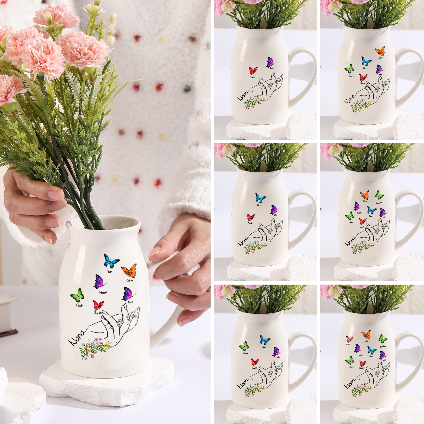 Personalised Ceramic Flower Vase Custom 2–8 Names & 1 Text Butterfly In Hand Vase Gift for Mother/Grandma-Jessemade AU