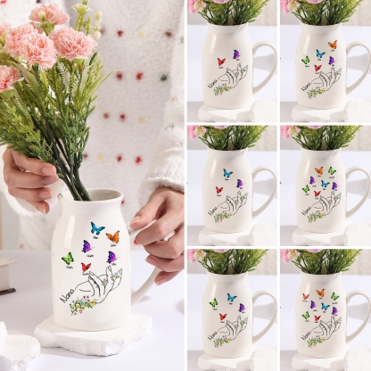 Personalised Ceramic Flower Vase Custom 2–8 Names & 1 Text Butterfly In Hand Vase Gift for Mother/Grandma-Jessemade AU