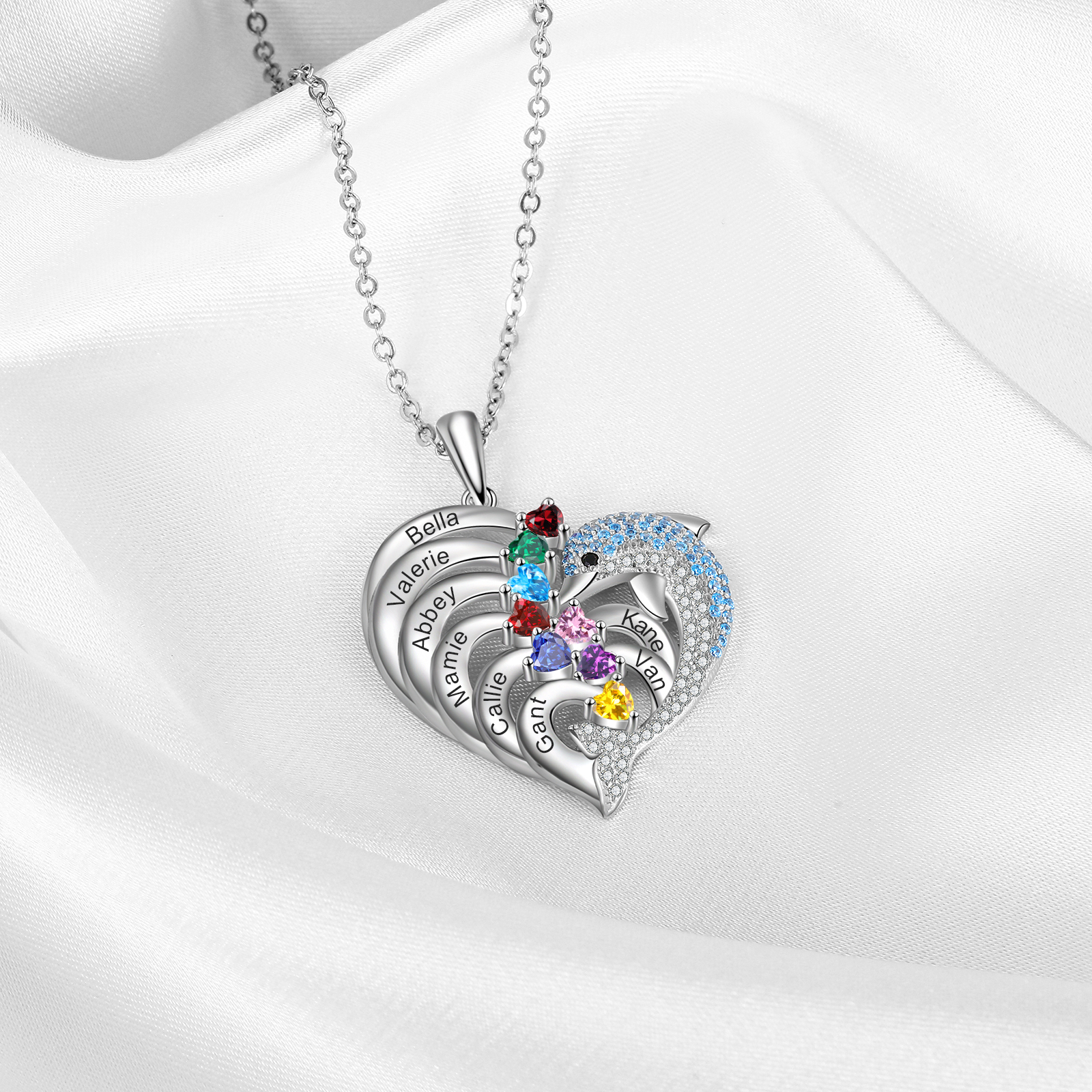 Personalised Heart Dolphin Necklace With 8 Birthstones Engraved Names Necklace Gift For Her-Jessemade AU