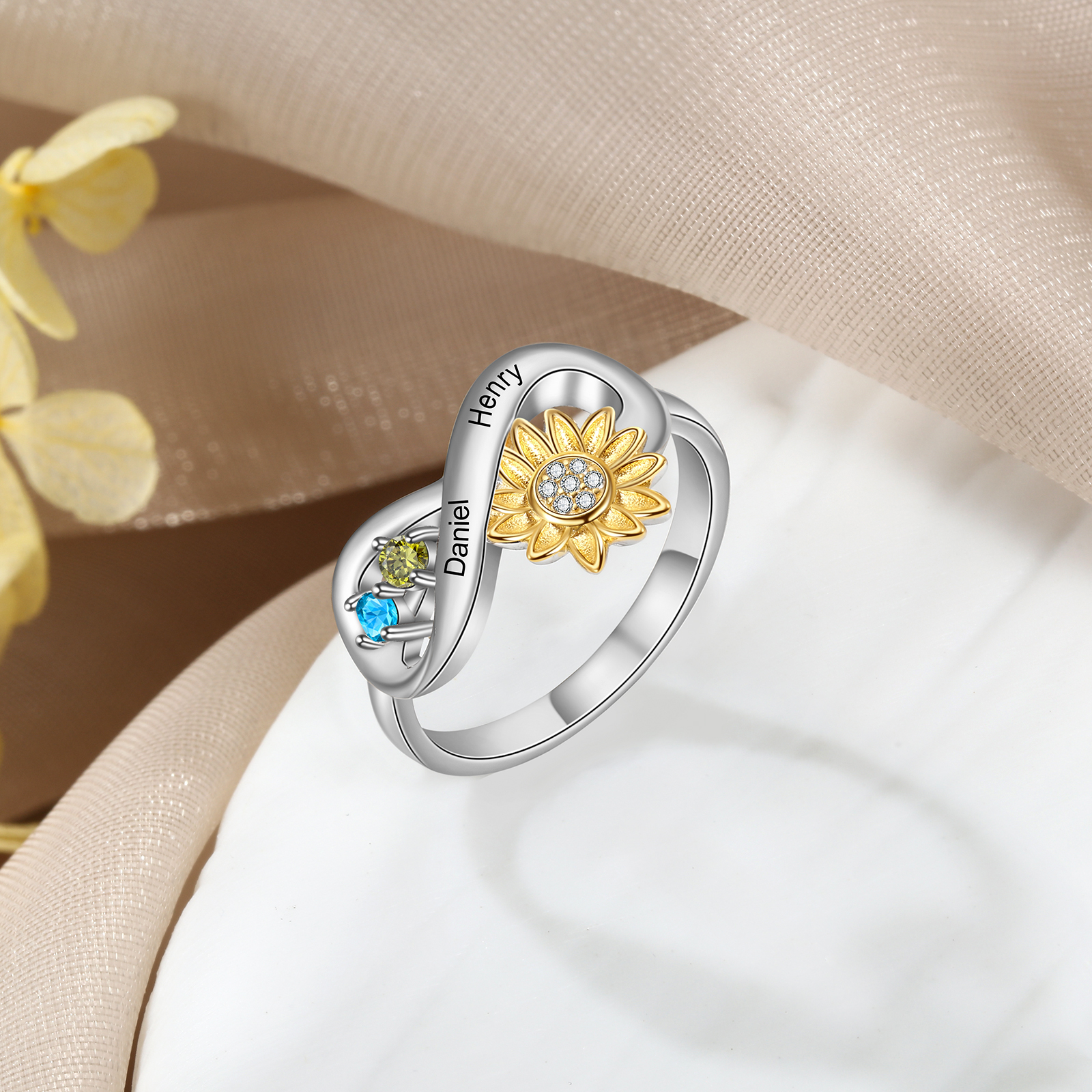 Personalised 2 Birthstones Sunflower Ring Engraved Names Infinity Ring Gifts For Her-Jessemade AU