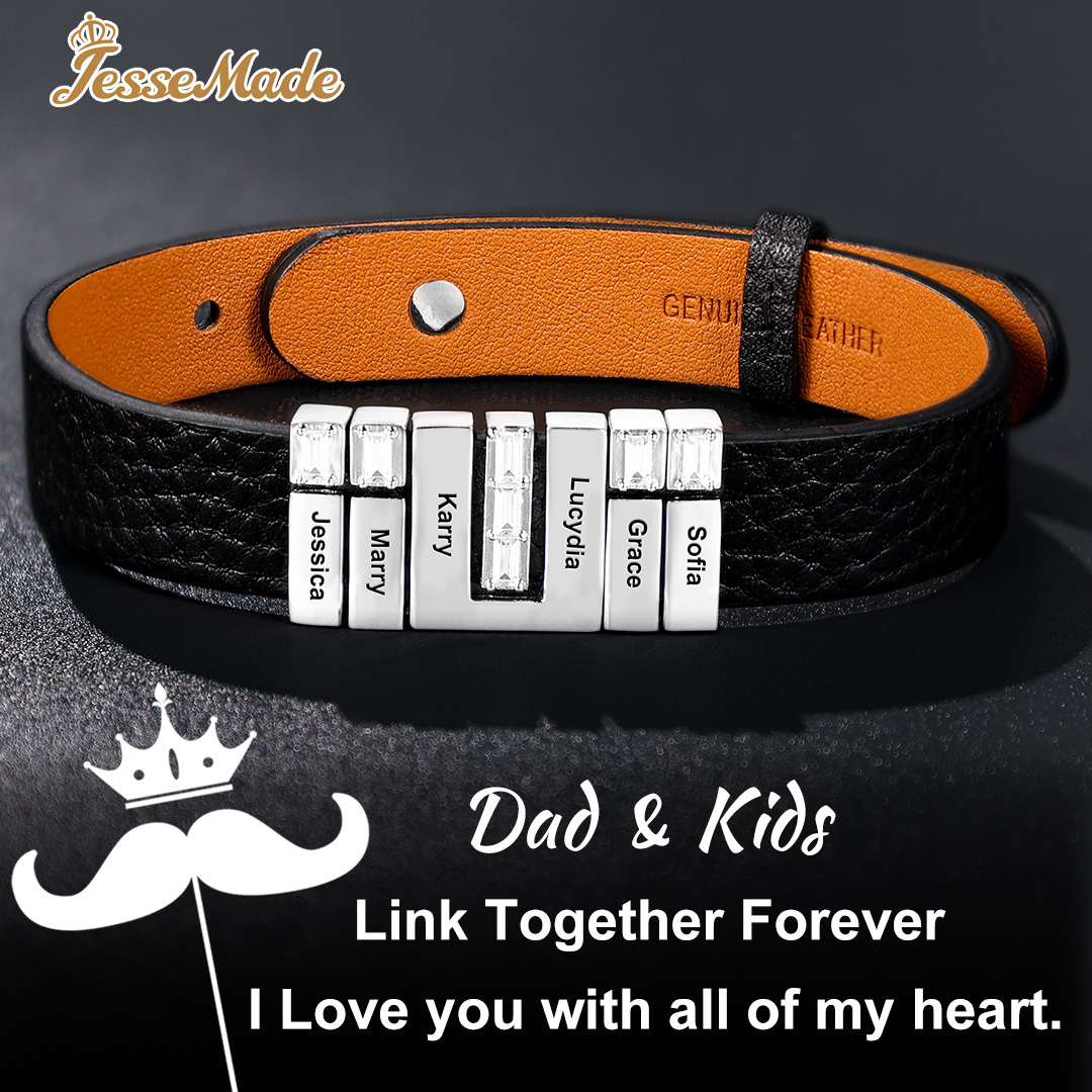 Customised Leather Bracelet with Beads Engraved 7 Names Bangle for Him-Jessemade AU