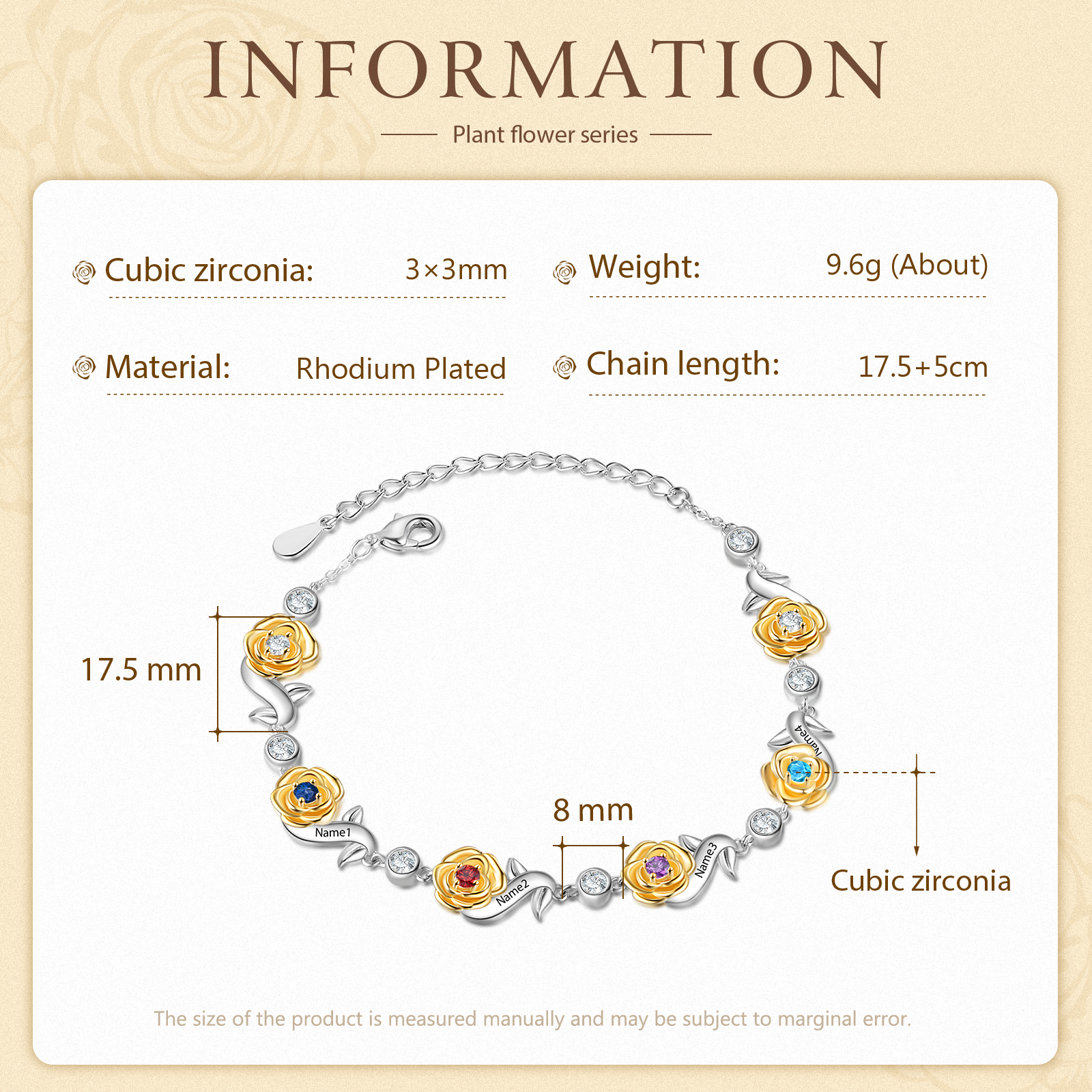 Flowers Bracelet Personalised 4 Birthstones Bracelet Engraved Names Flowers Charm Gifts For Her-Jessemade AU