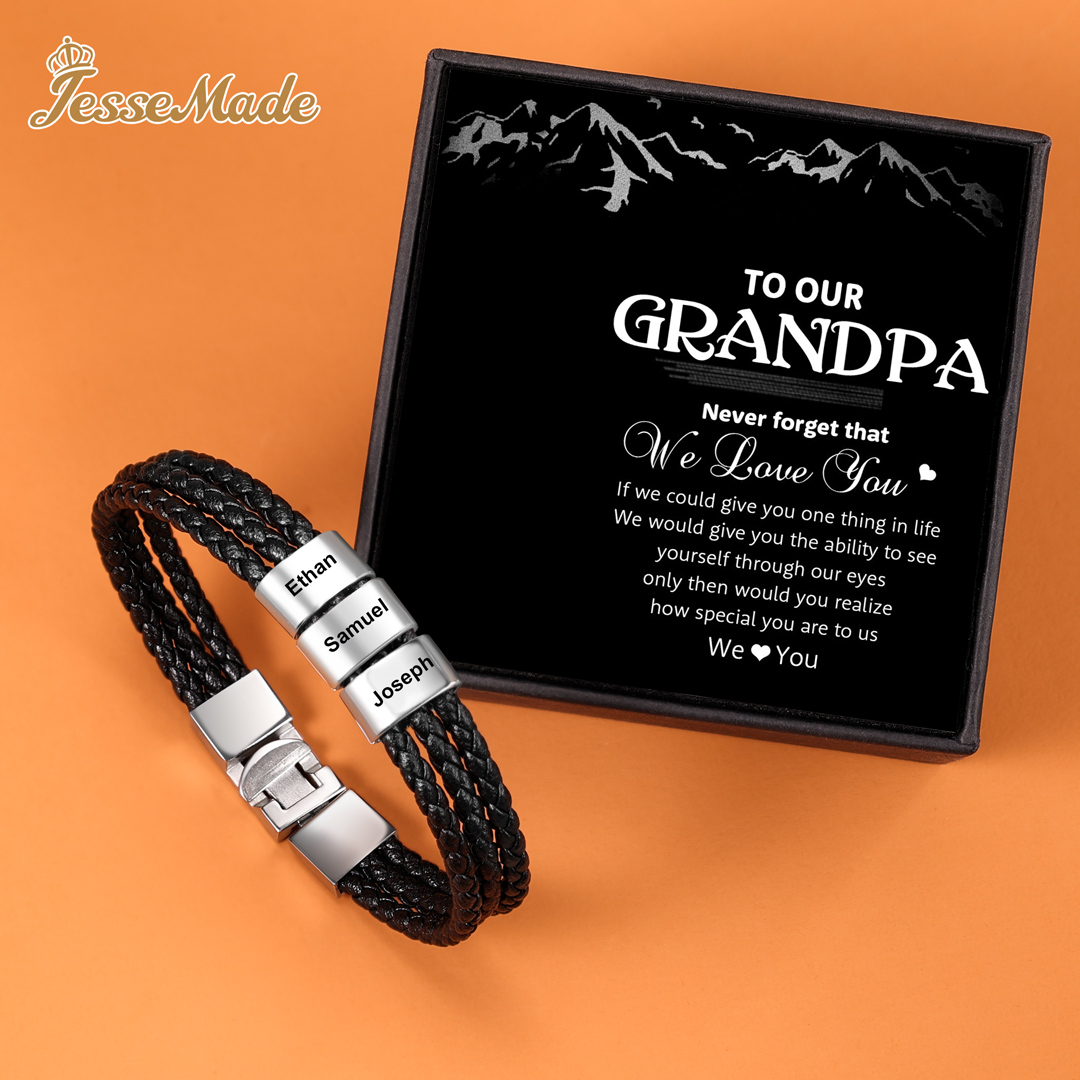 Personalised Braided Leather Bracelet Engraved 3 Names Men's Bracelet Gifts For Him-Jessemade AU