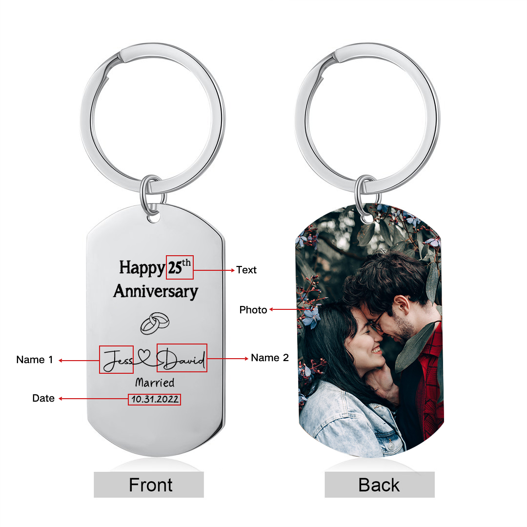 Couple Photo Keychain Customised 2 Names & Text & Date Keychain Stainless Steel Keyring Anniversary Gifts-Jessemade AU