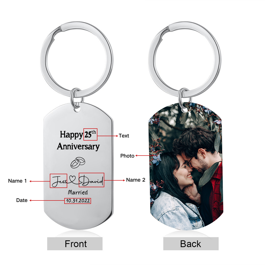 Couple Photo Keychain Customised 2 Names & Text & Date Keychain Stainless Steel Keyring Anniversary Gifts-Jessemade AU