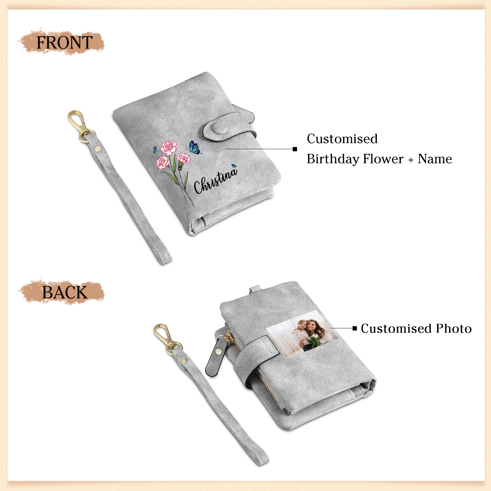 Personalised Women's Leather Wallet Custom Birthday Flower & Name & Photo Wallet Gift for Her