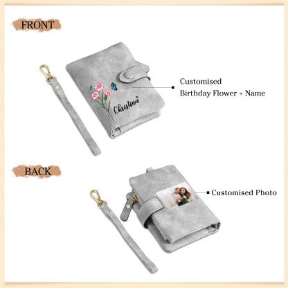 Personalised Women's Leather Wallet Custom Birthday Flower & Name & Photo Wallet Gift for Her