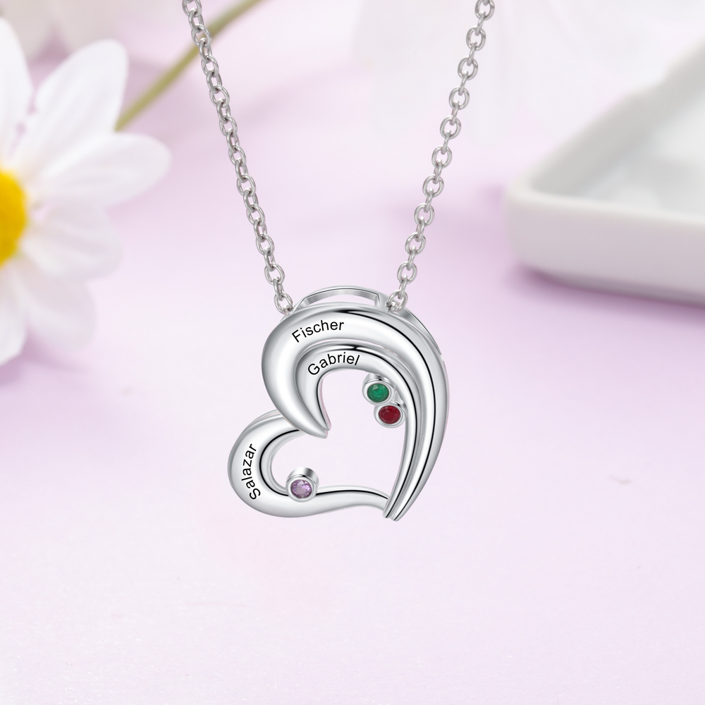 Personalised Heart Necklace With 3 Birthstones Engraved Names Gift For Her-Jessemade AU