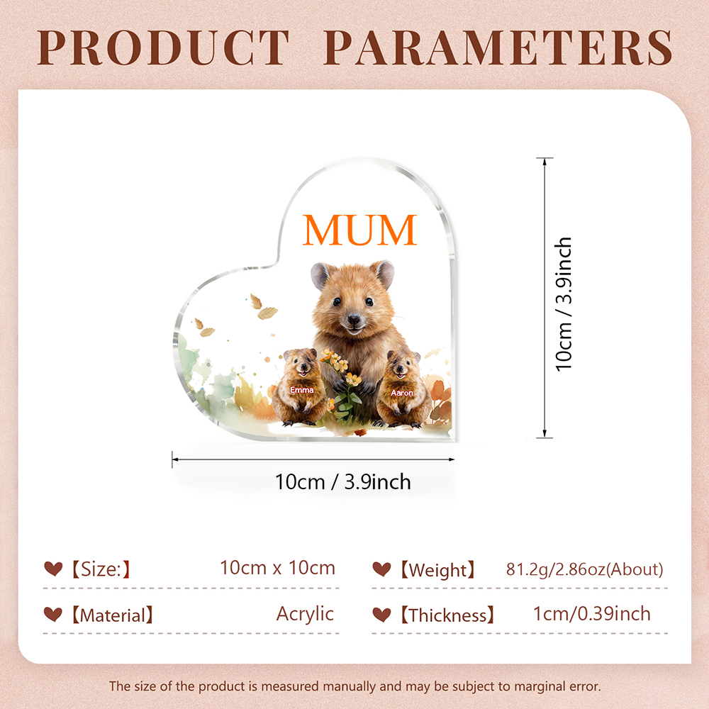 Personalised Acrylic Heart Keepsake Custom 1 Text & 2 Names Ornament Quokka Family Gift for Mother/Grandma-Jessemade AU