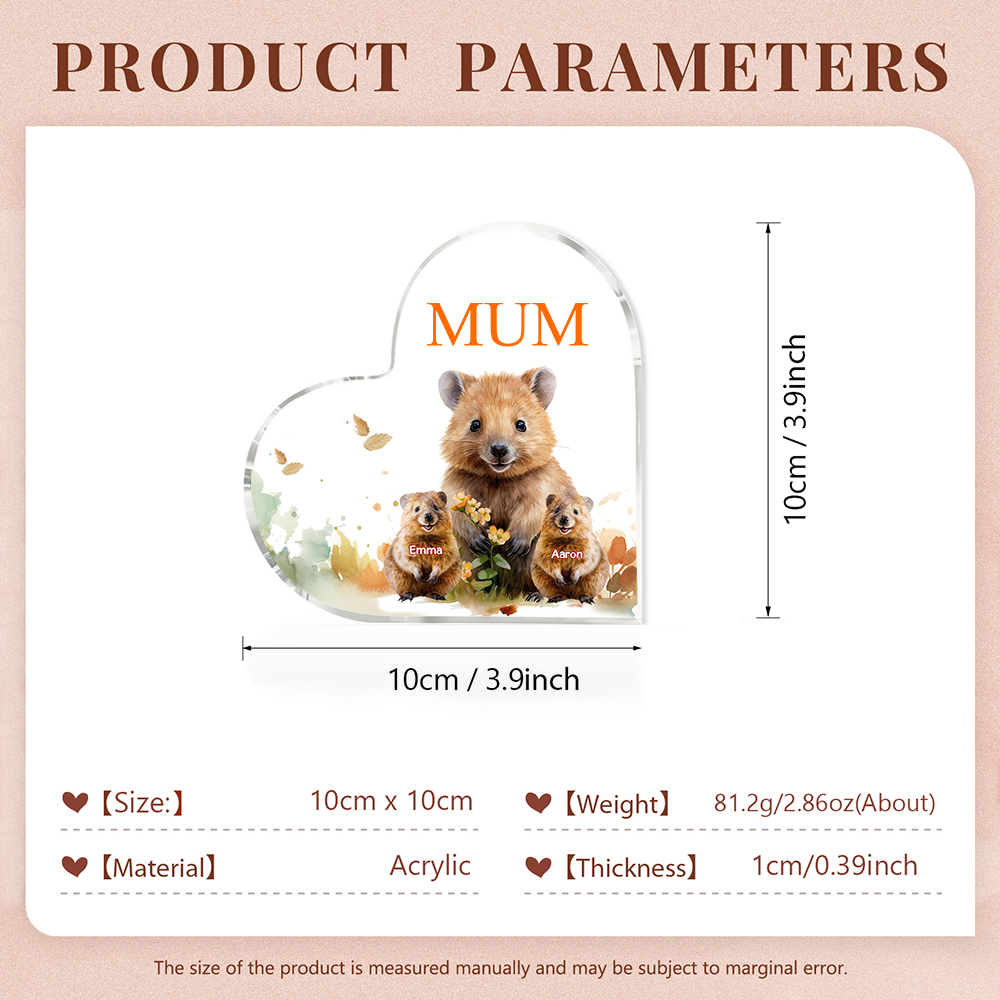 Personalised Acrylic Heart Keepsake Custom 1 Text & 2 Names Ornament Quokka Family Gift for Mother/Grandma-Jessemade AU