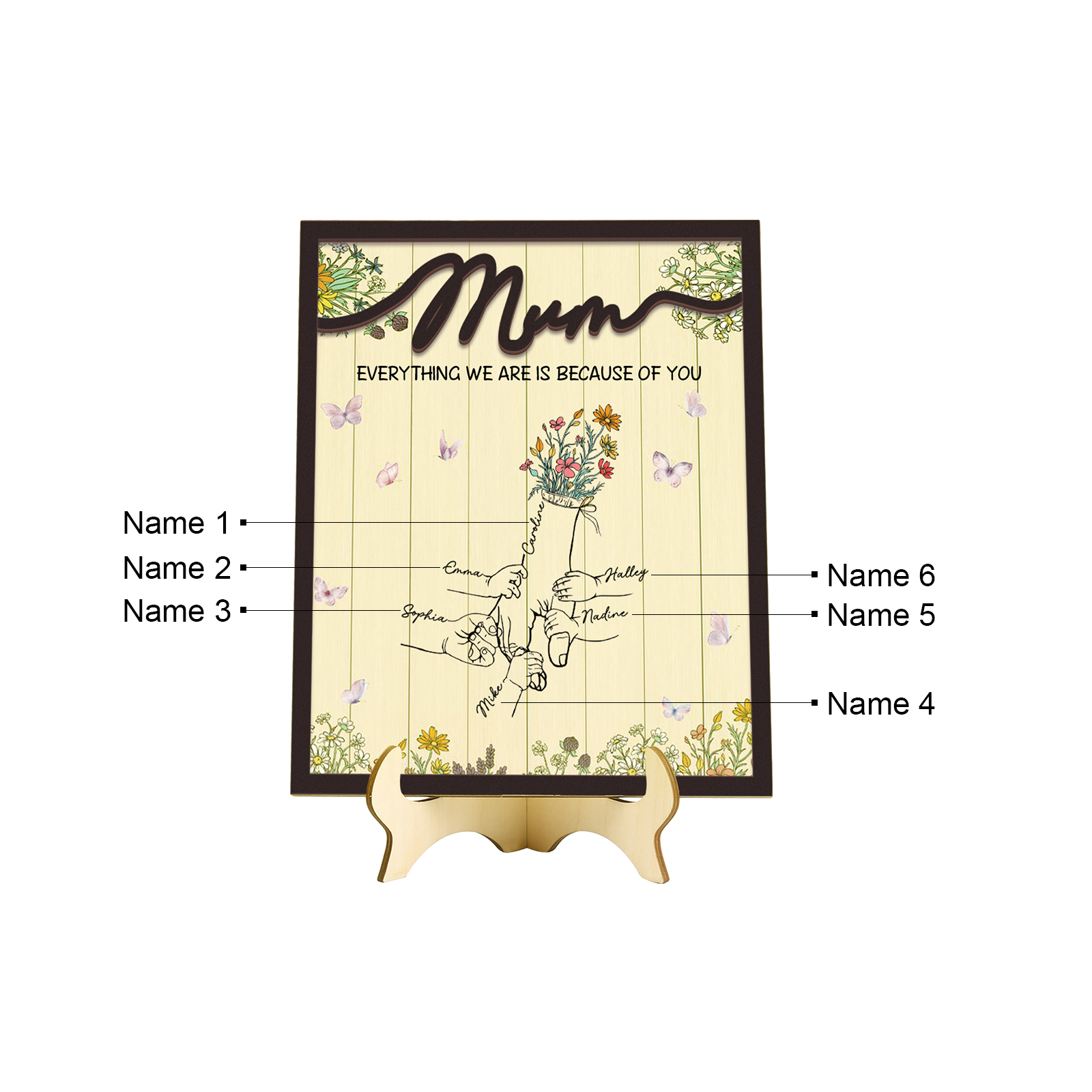 Personalised 6 Names Wooden Plaque Holding Mum's Hand Desktop Decoration With Stand - EVERYTHING WE ARE IS BECAUSE OF YOU-Jessemade AU